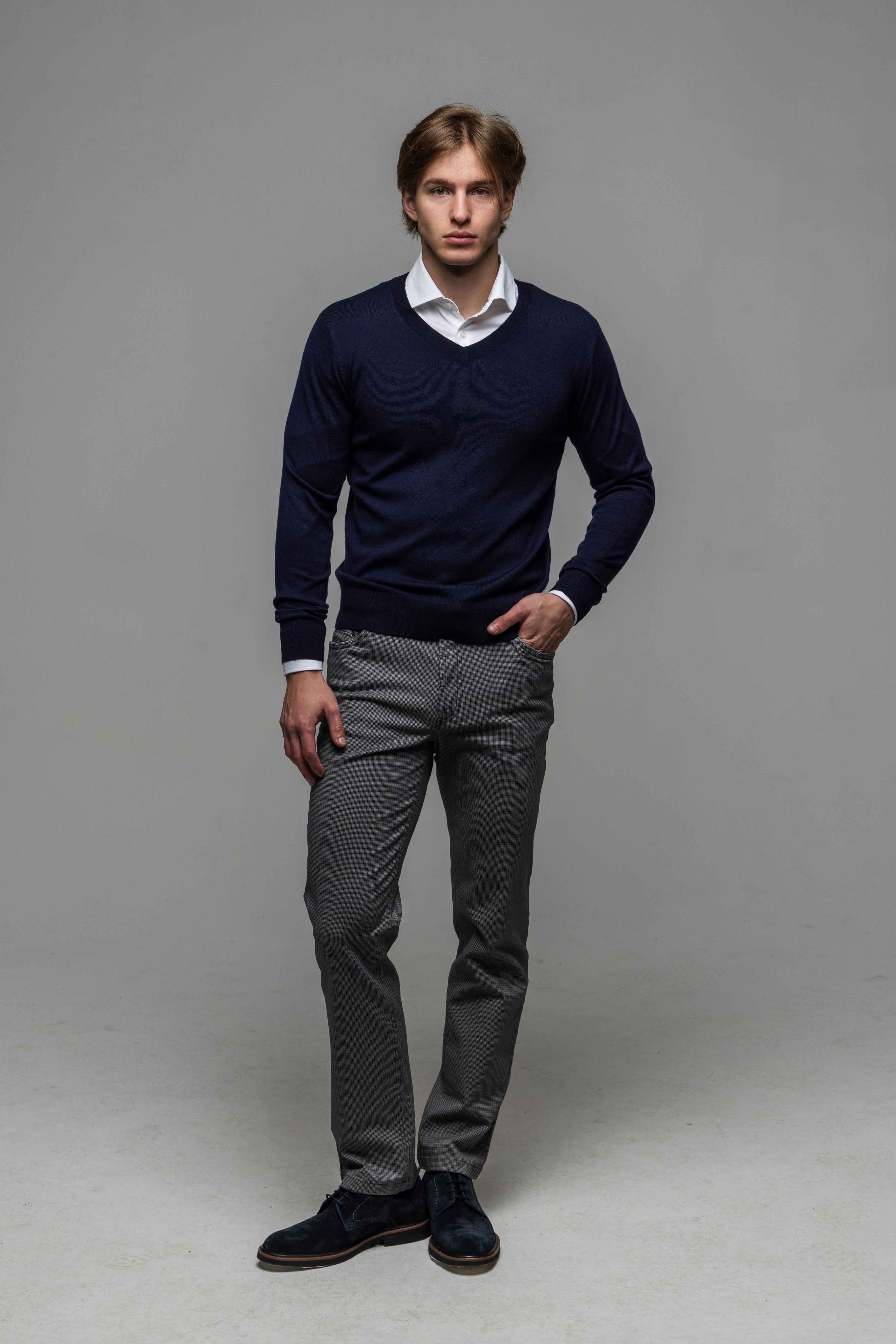 Blue wool sweater with V-neck