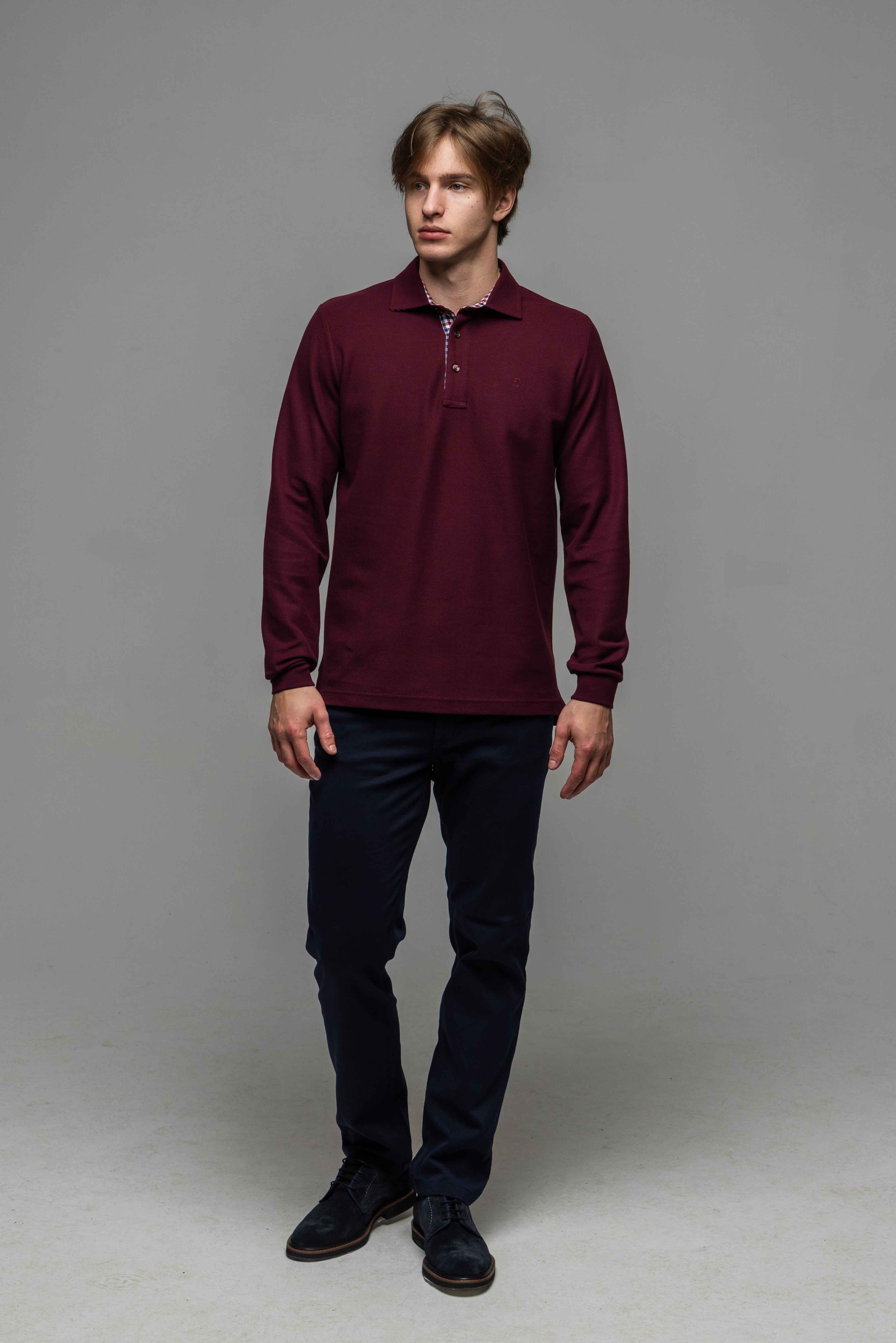 Burgundy long-sleeved polo shirt