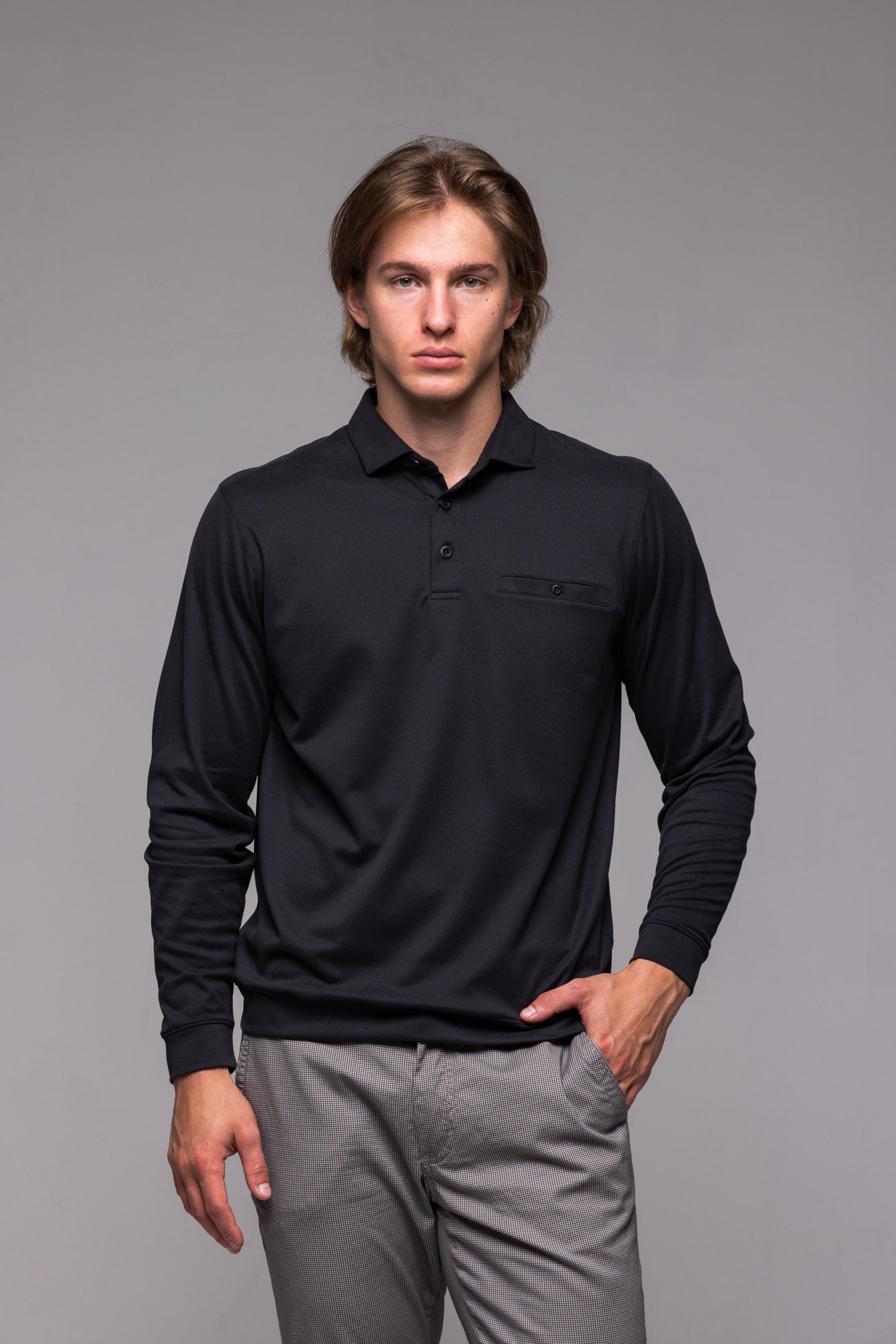 Black long-sleeved polo shirt