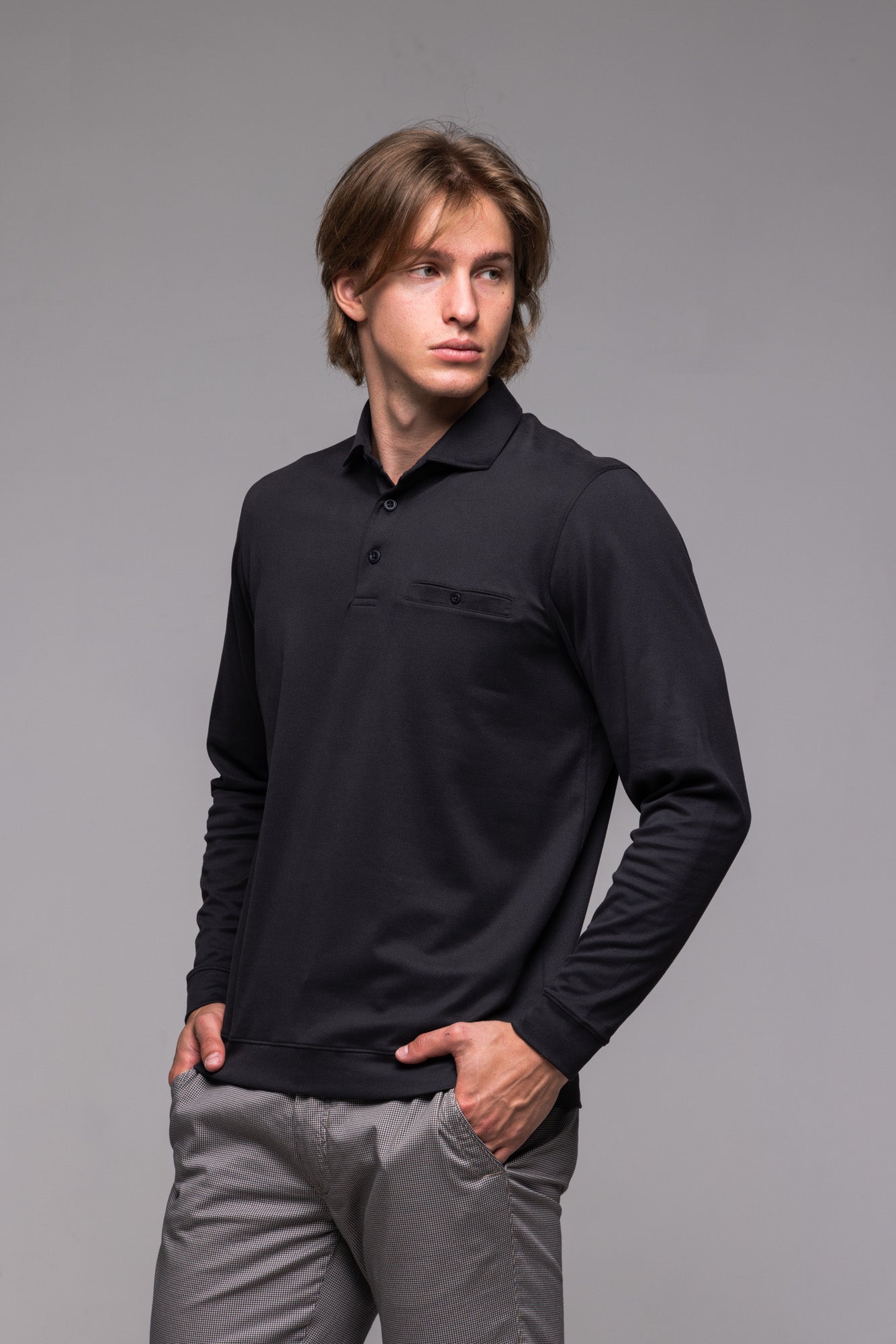Black long-sleeved polo shirt