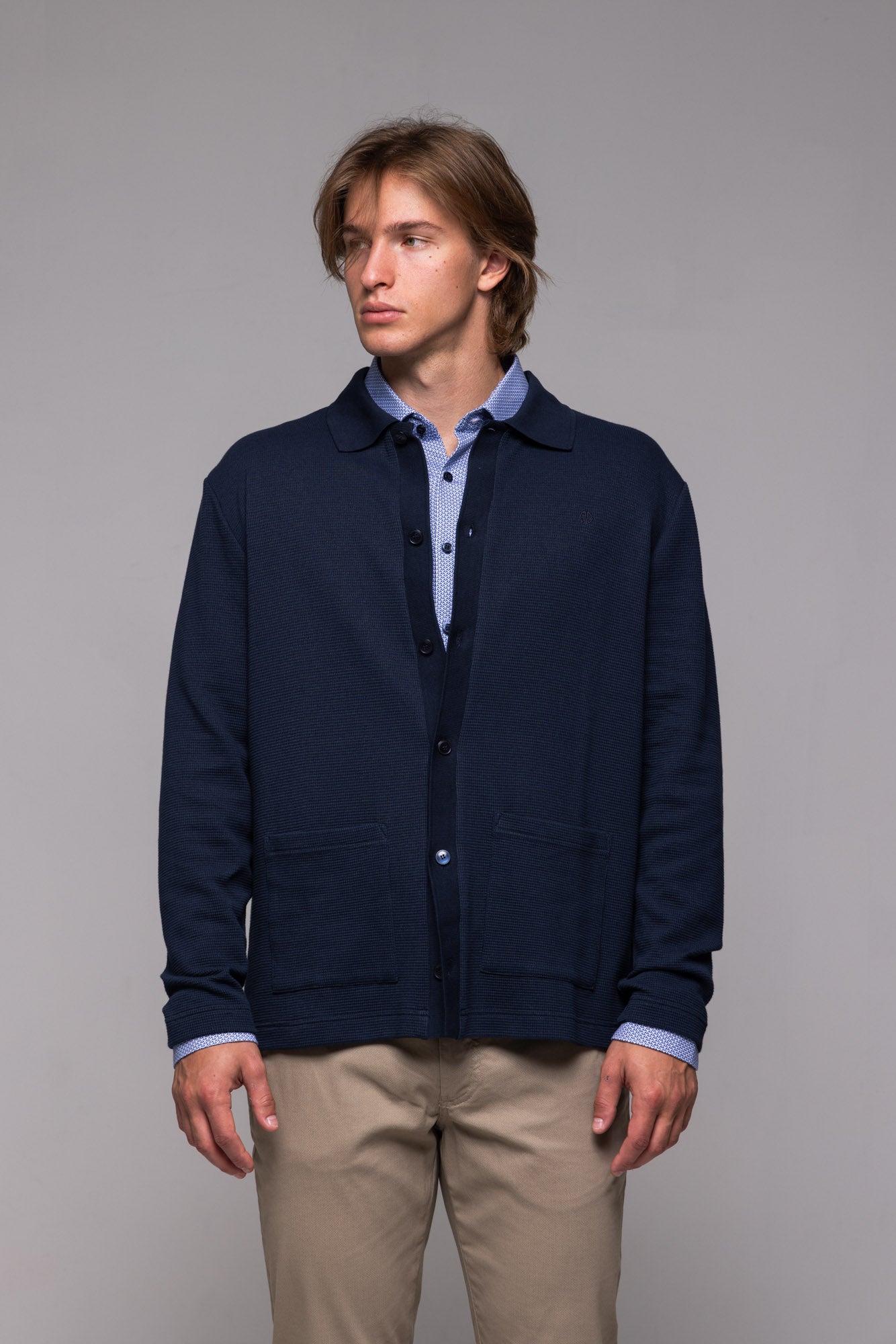 Navy blue wool button-up sweater