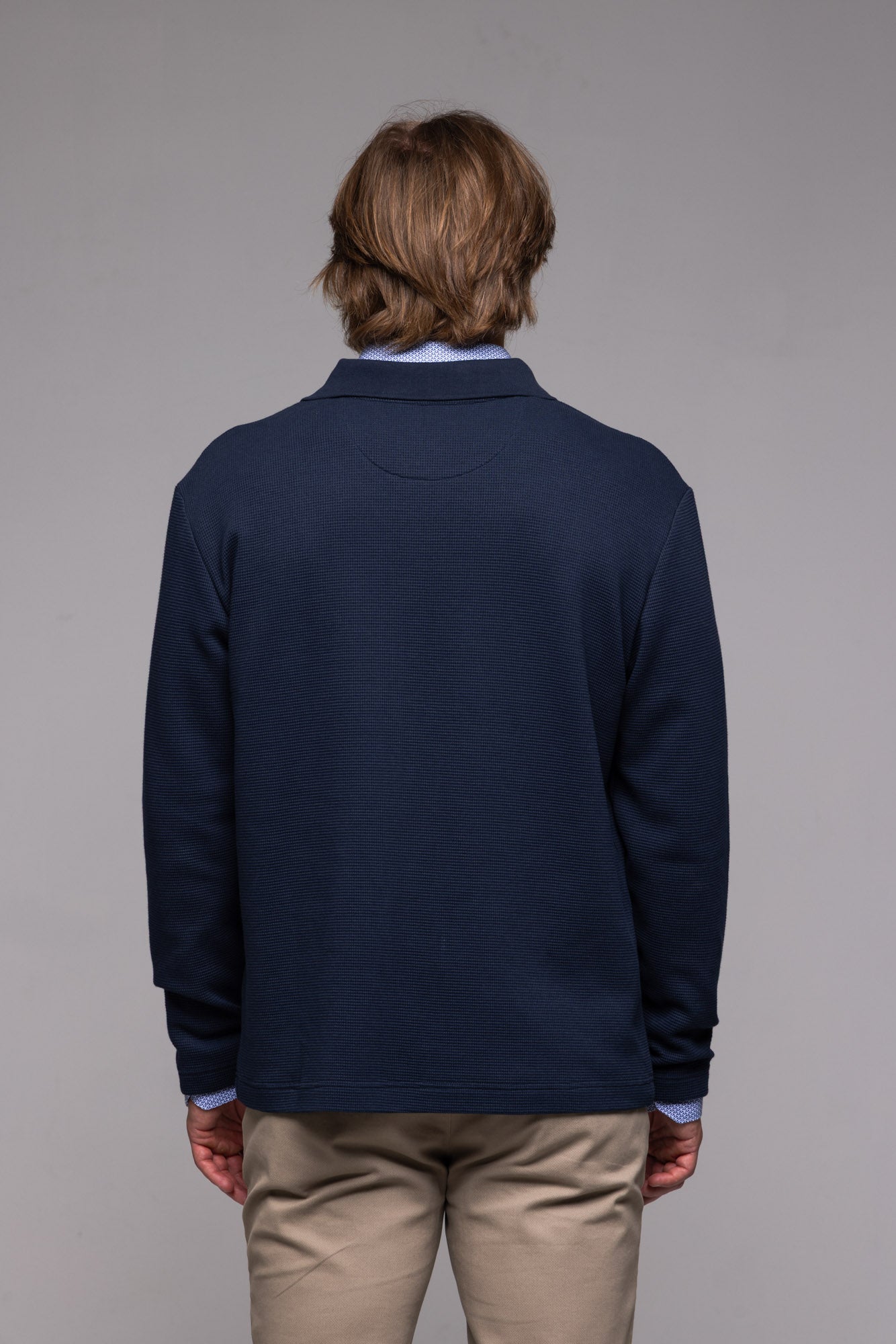 Navy blue wool button-up sweater