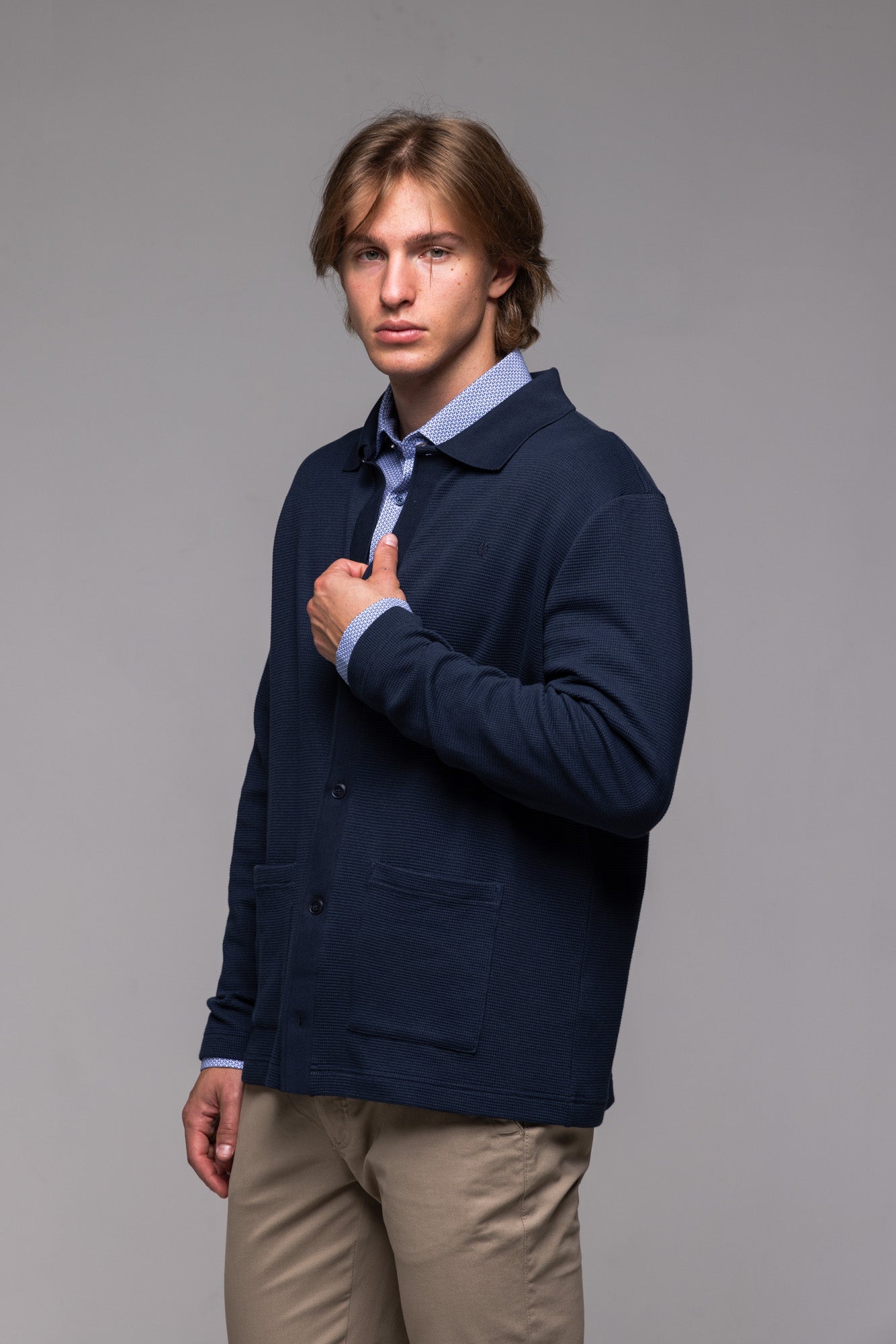 Navy blue wool button-up sweater
