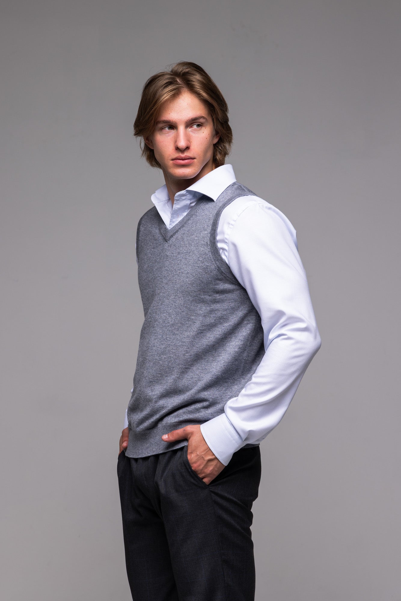 Grey knitted vest with V-neck