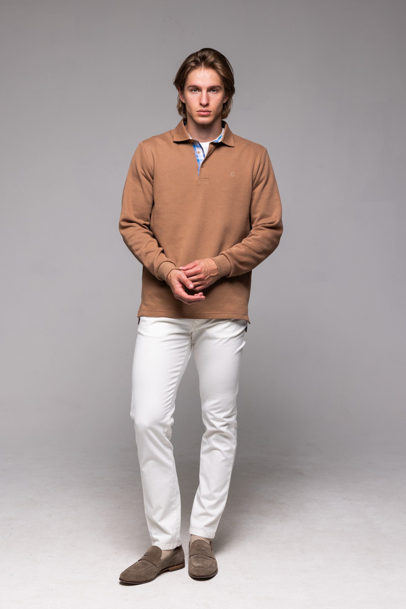 Brown long-sleeved polo shirt