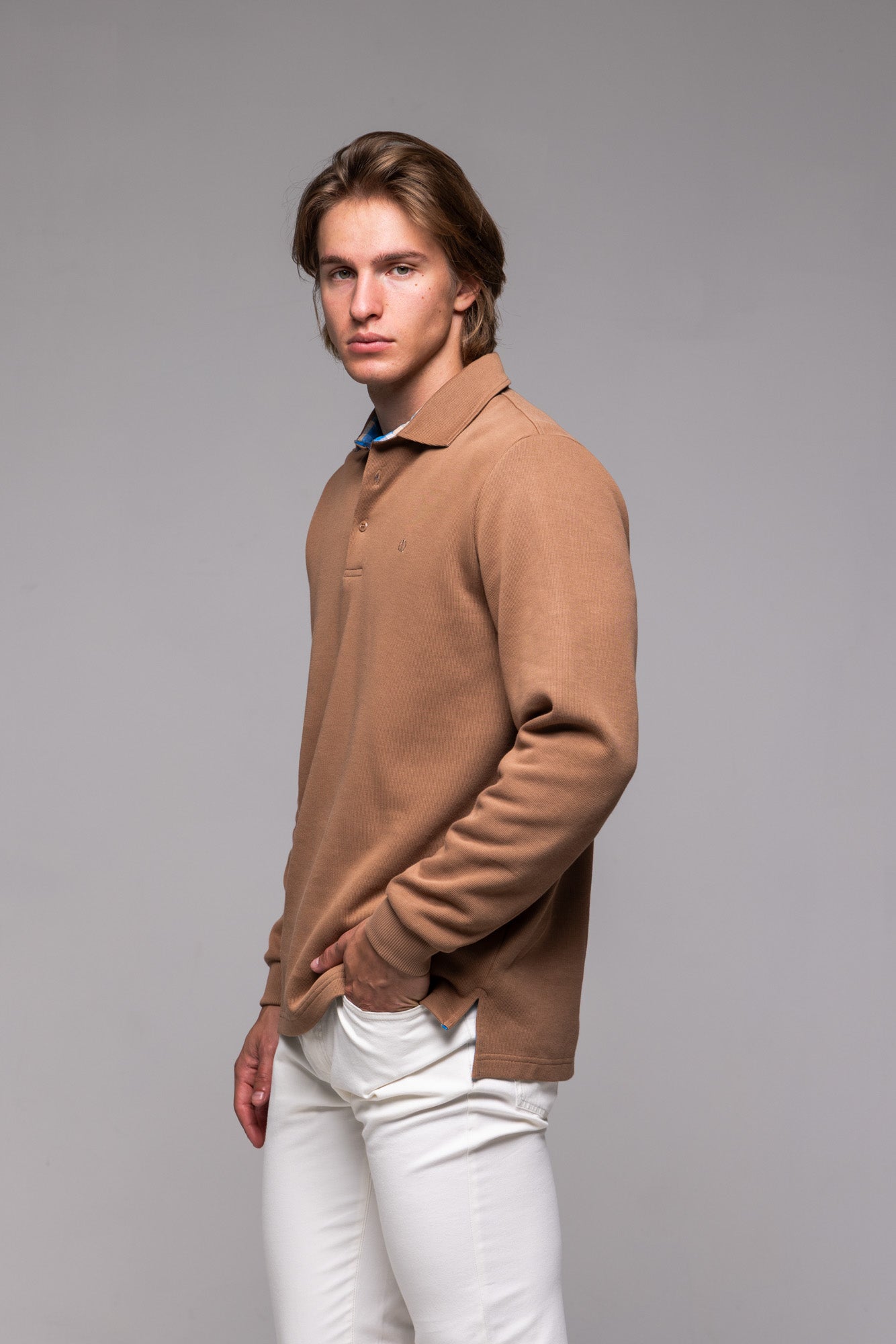 Brown long-sleeved polo shirt