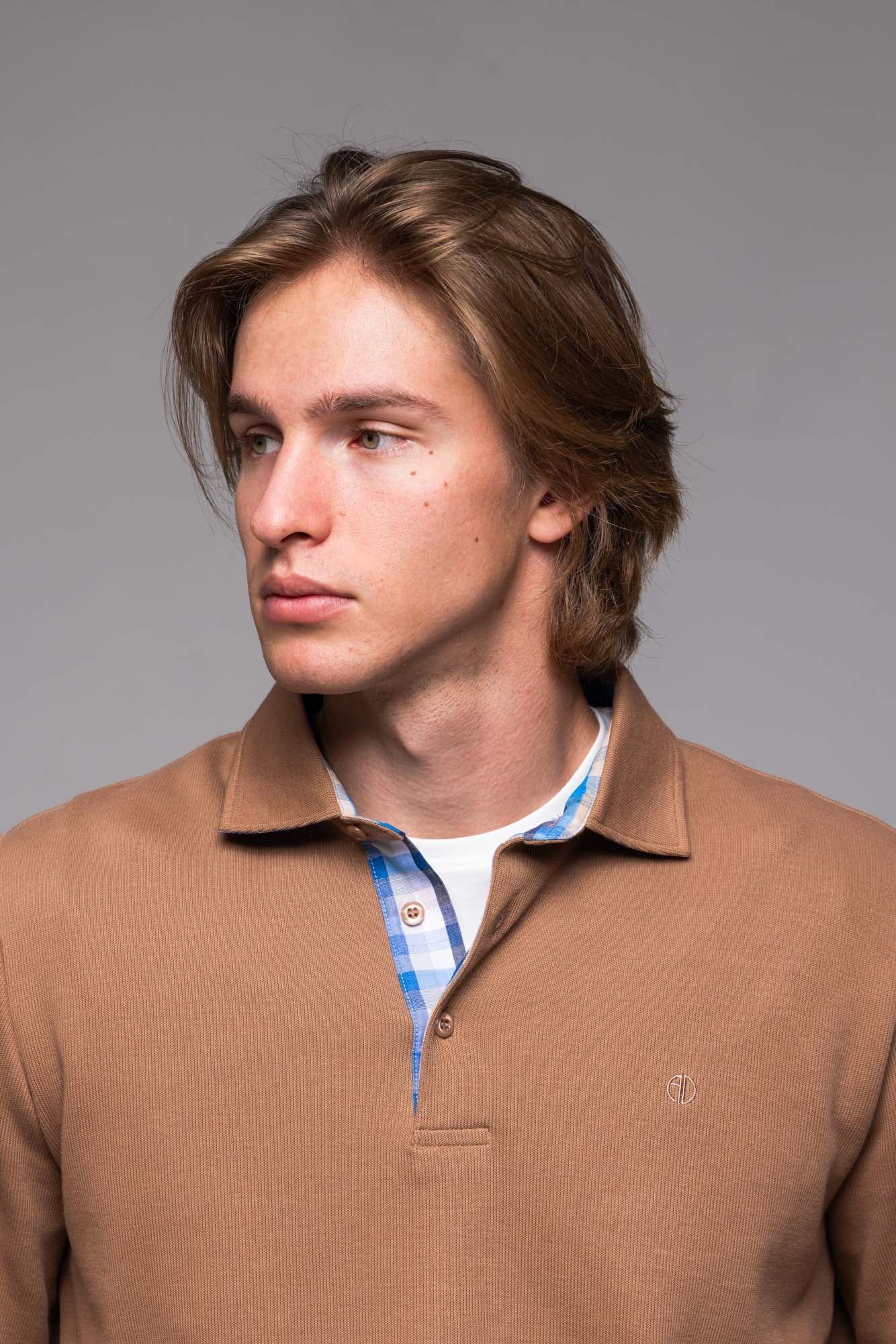 Brown long-sleeved polo shirt