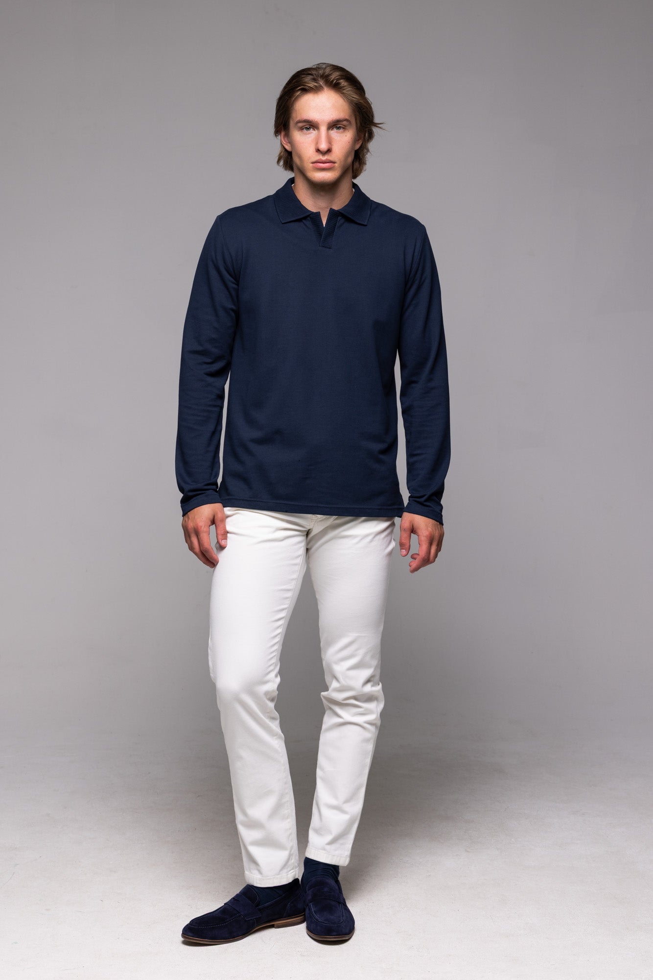 Navy blue long-sleeved polo shirt