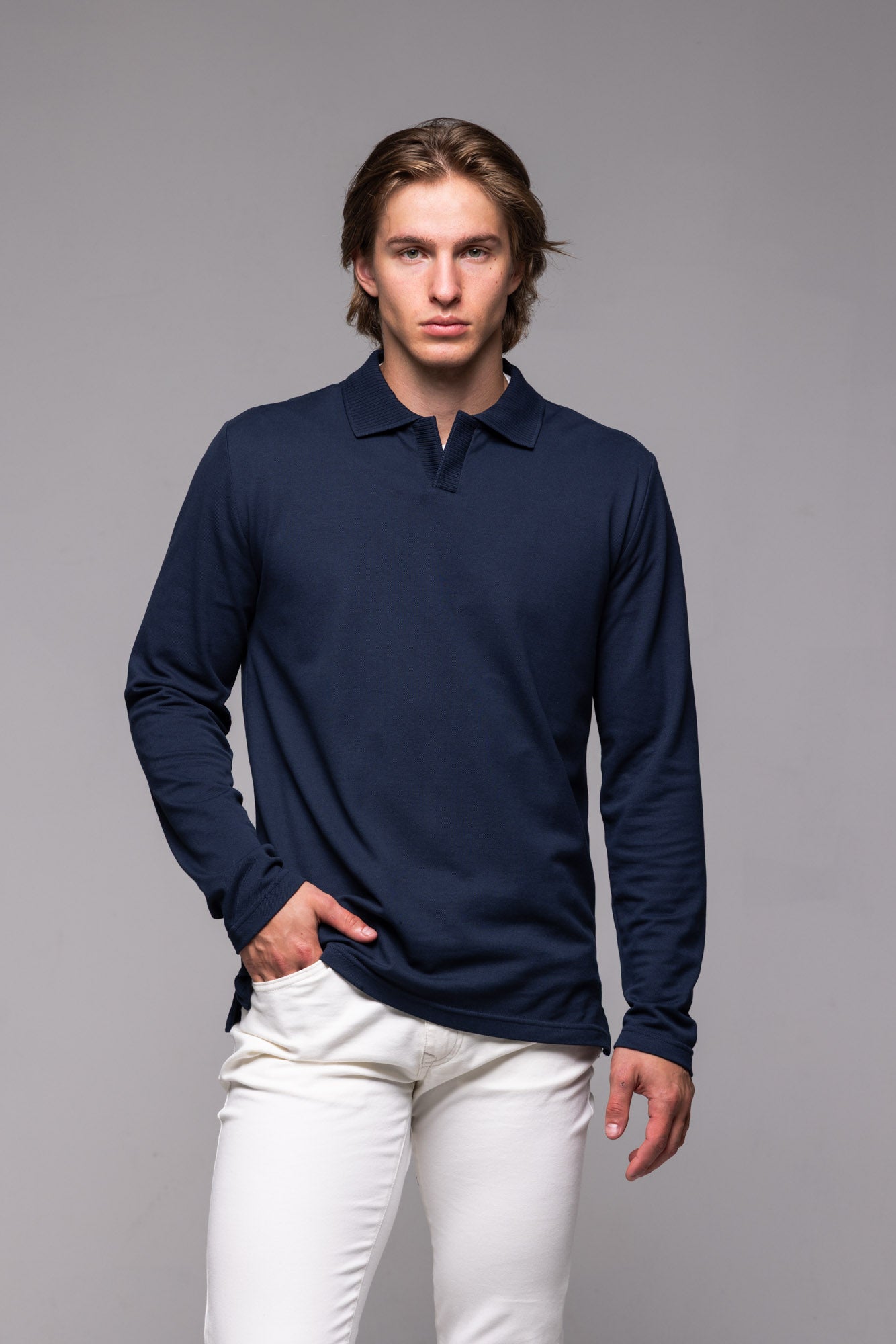 Navy blue long-sleeved polo shirt