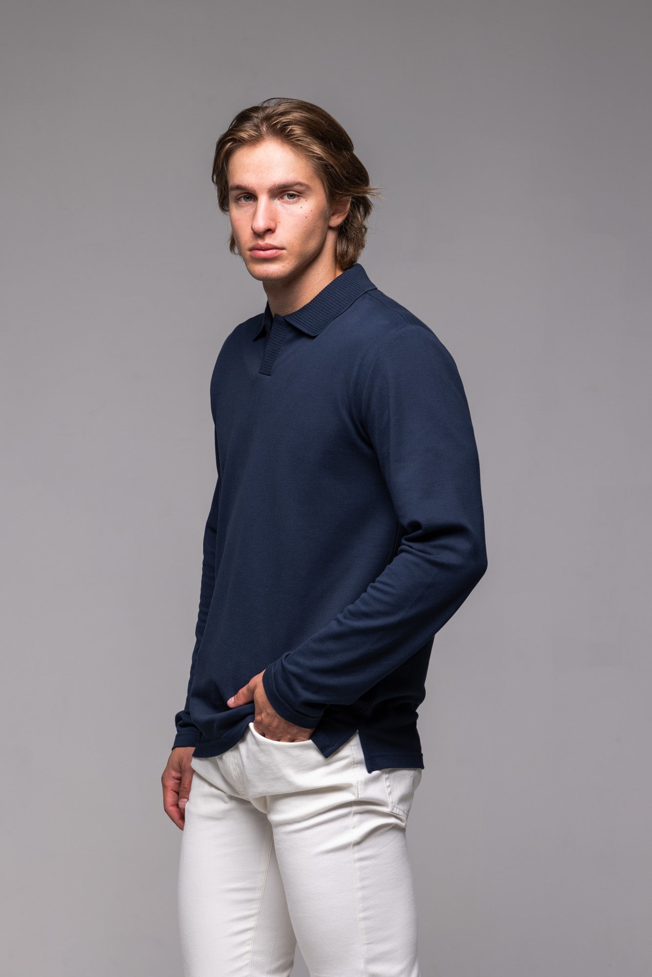 Navy blue long-sleeved polo shirt