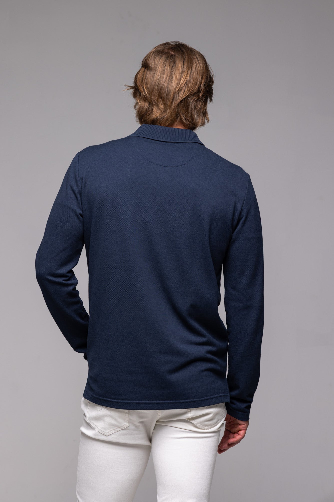 Navy blue long-sleeved polo shirt