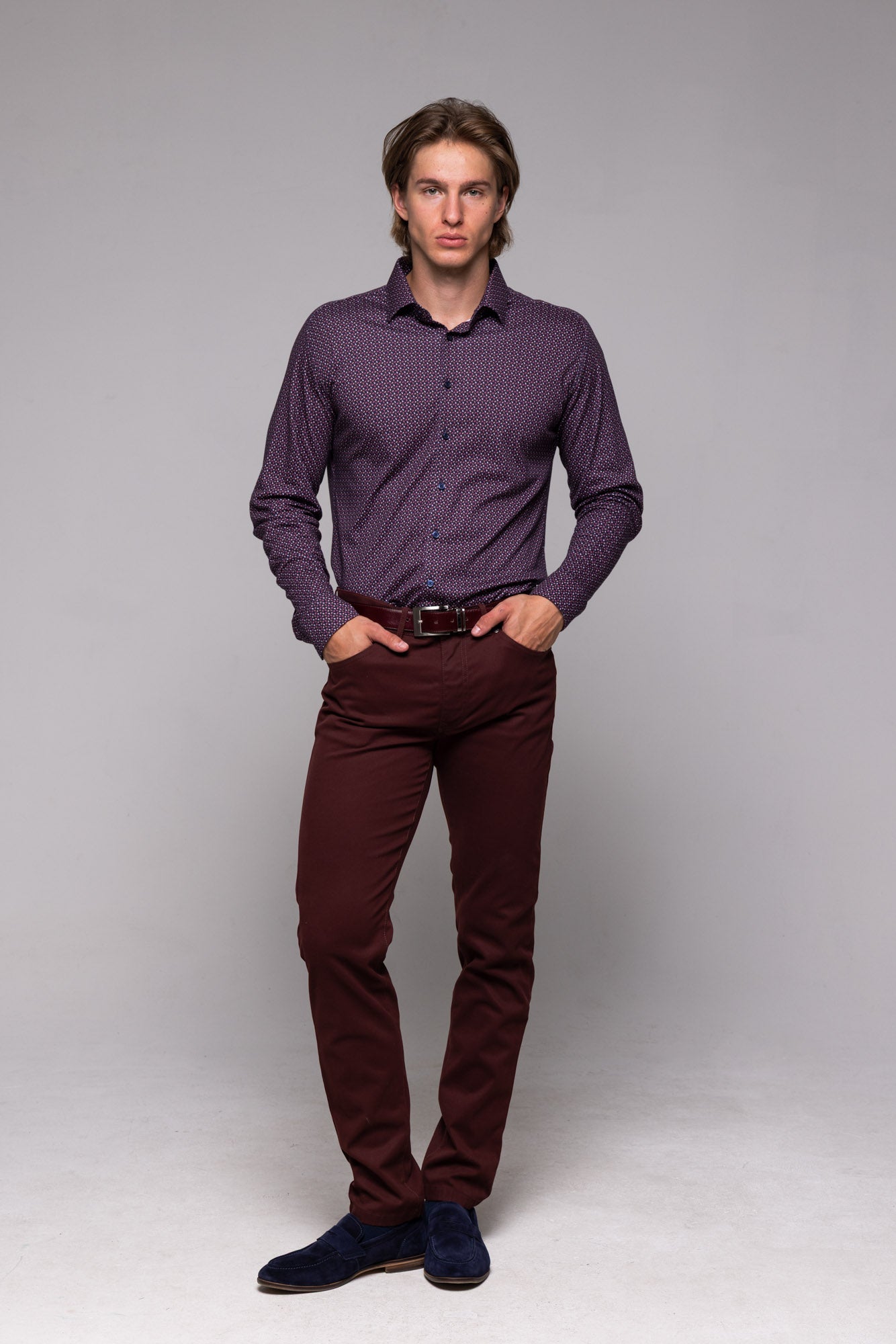 Burgundy Stretch Extra Slim Fit Shirt with Pattern