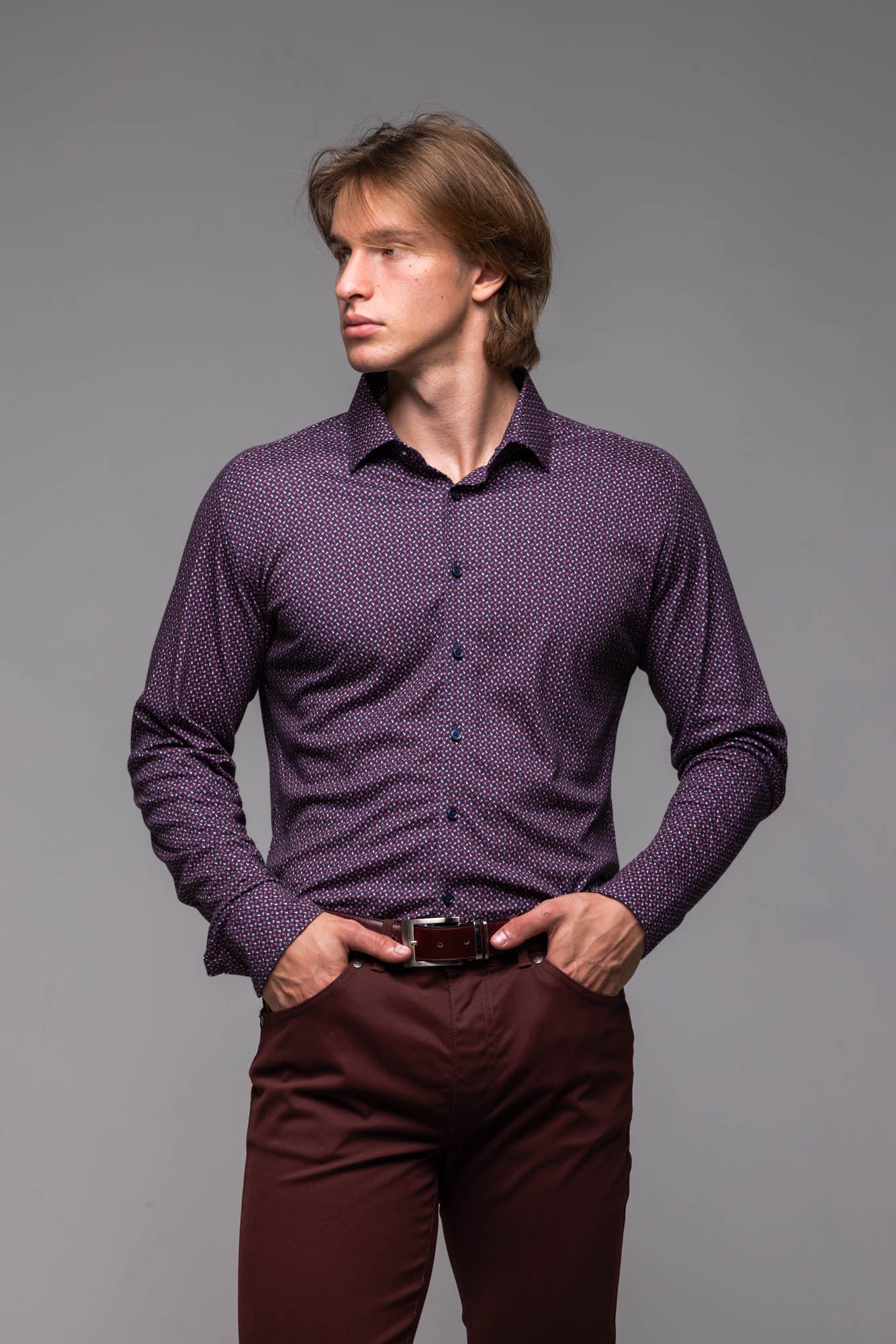 Burgundy Stretch Extra Slim Fit Shirt with Pattern