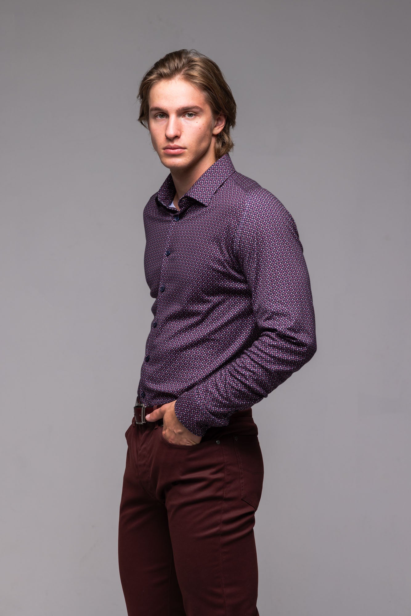 Burgundy Stretch Extra Slim Fit Shirt with Pattern