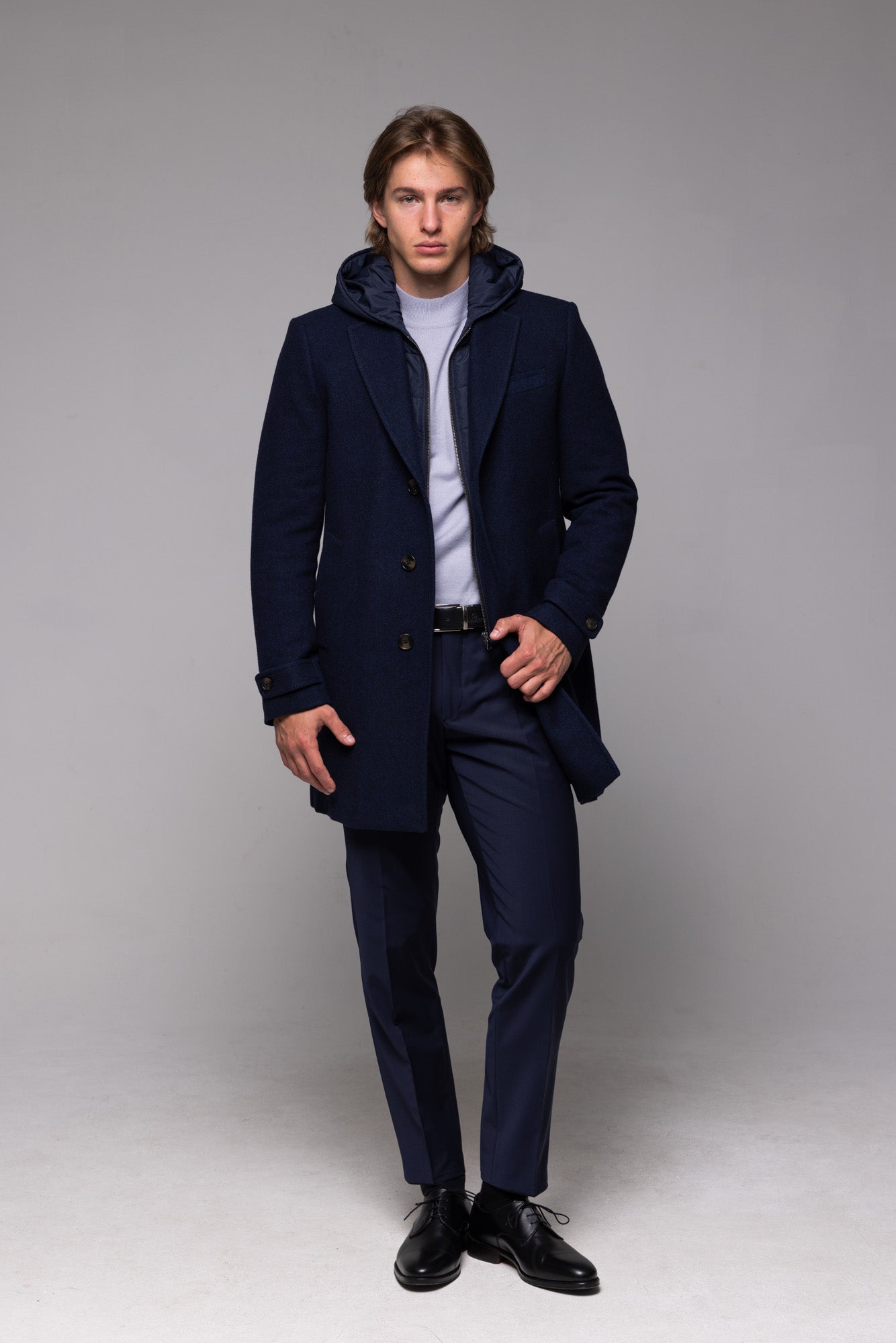 Dark blue wool coat with removable lining and hood