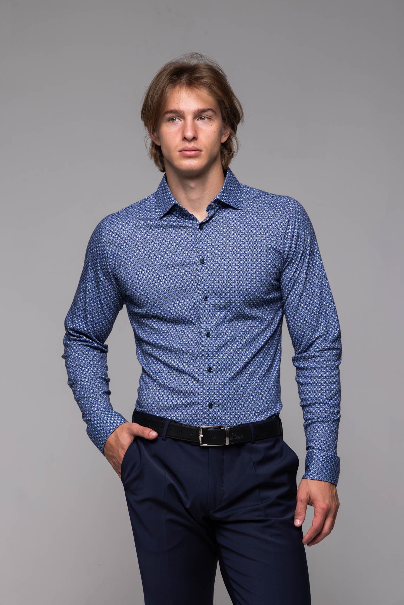 Blue and white stretch Extra Slim Fit shirt with pattern