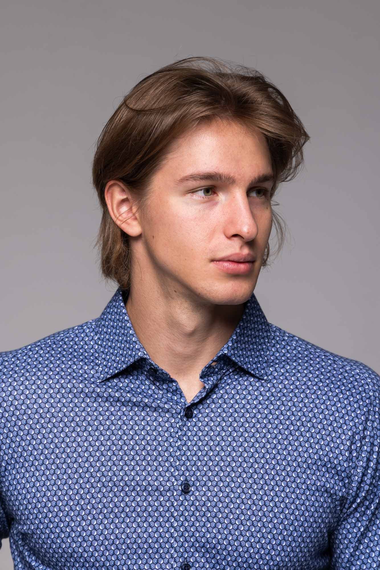 Blue and white stretch Extra Slim Fit shirt with pattern