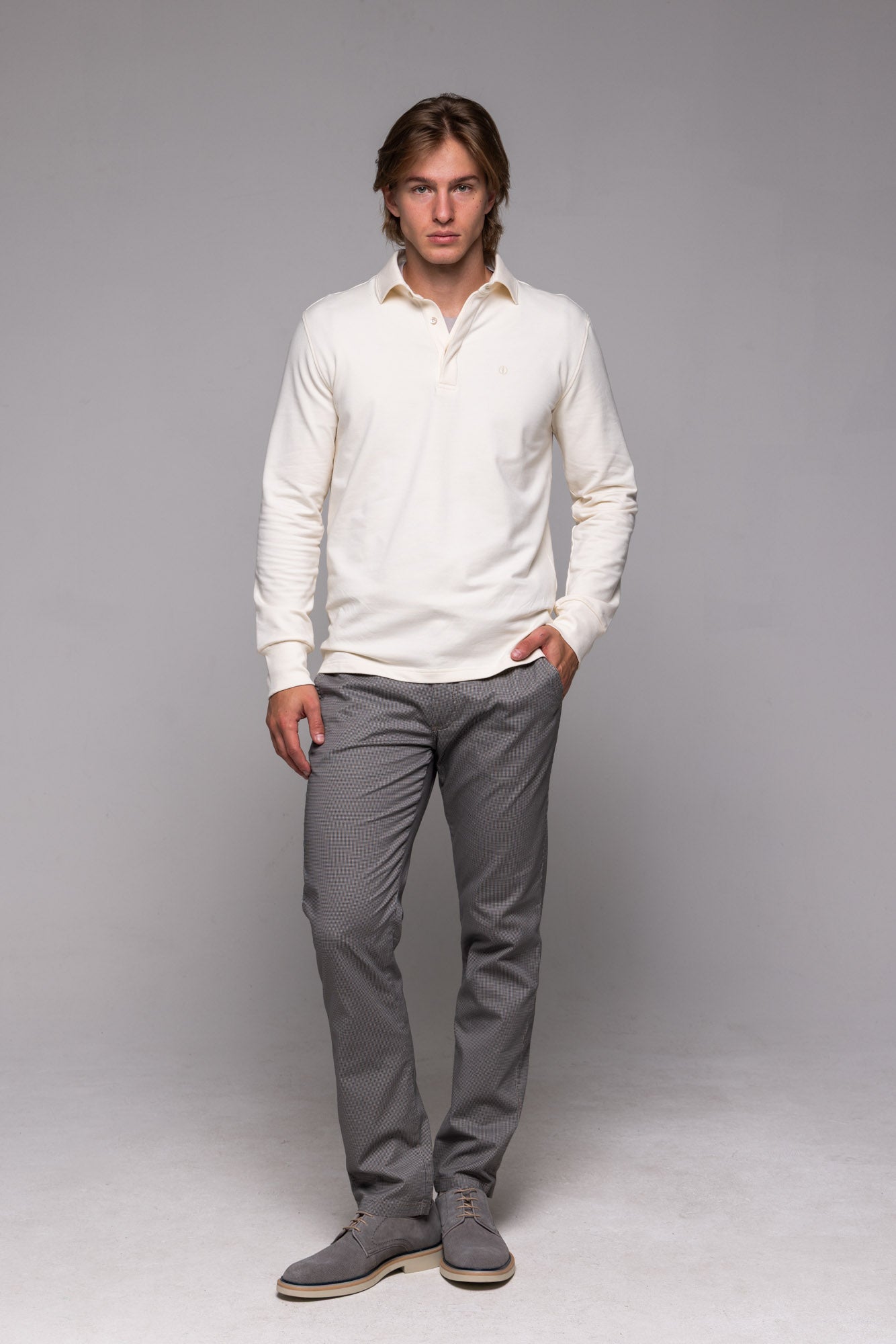 Cream long-sleeved polo shirt