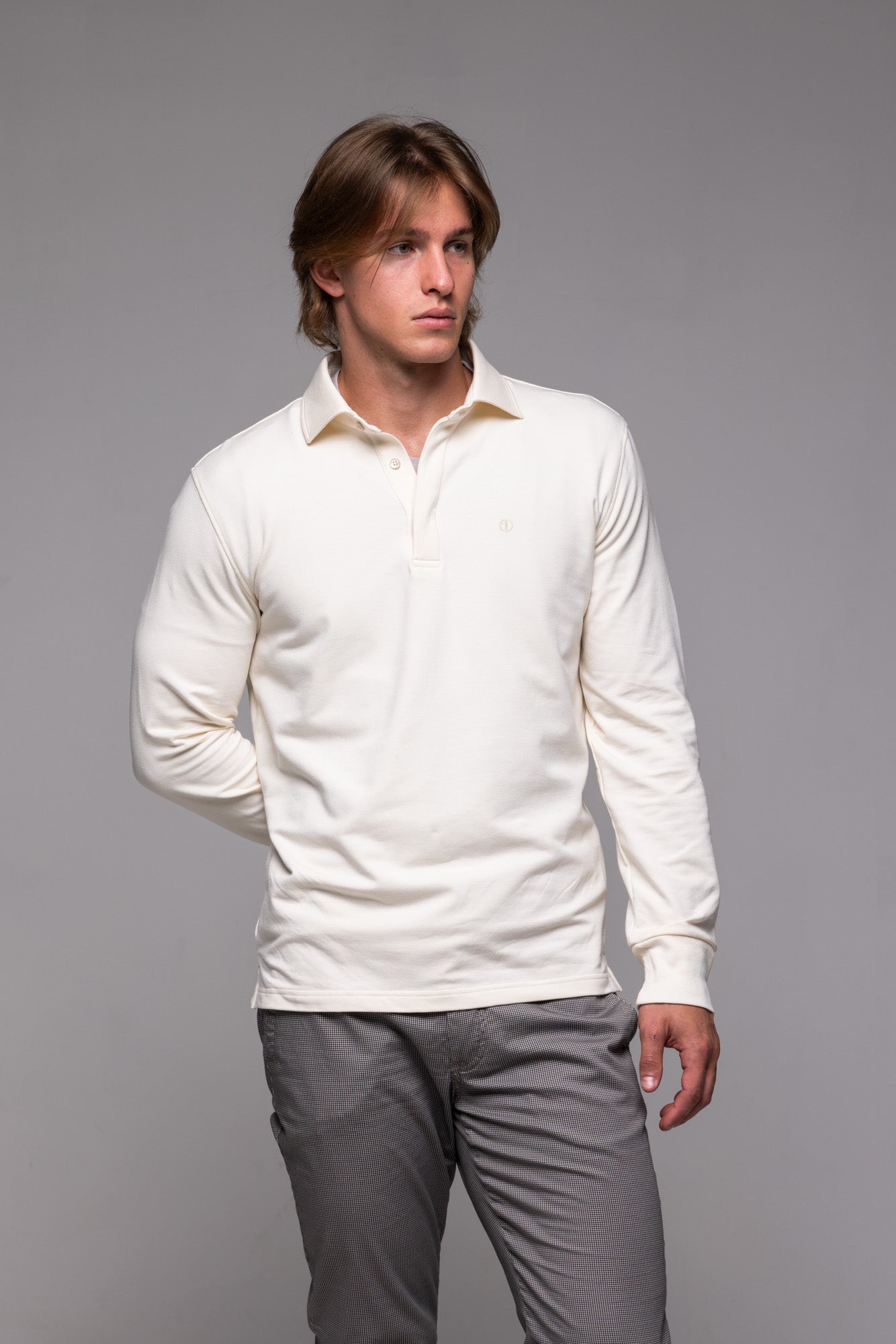 Cream long-sleeved polo shirt