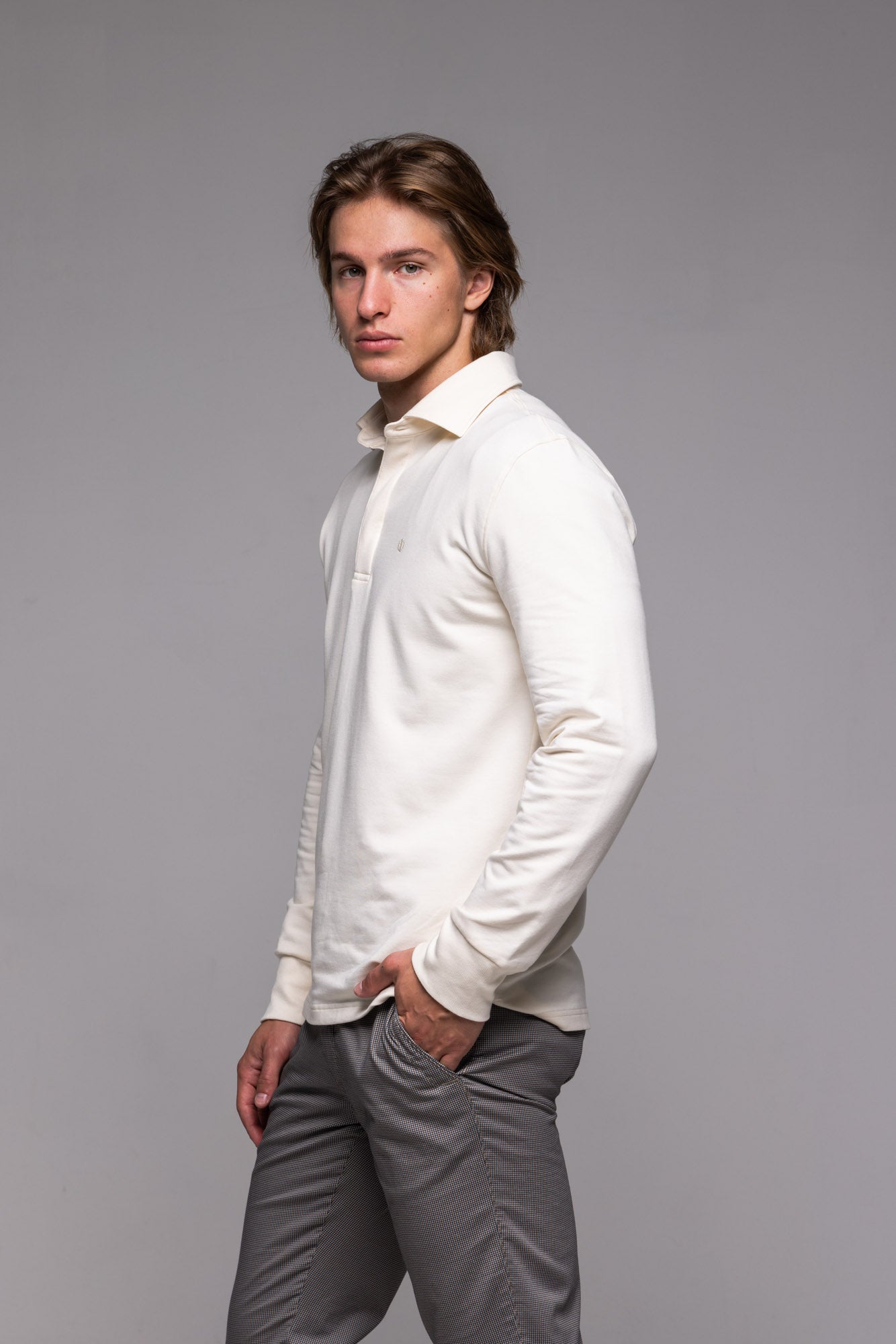 Cream long-sleeved polo shirt