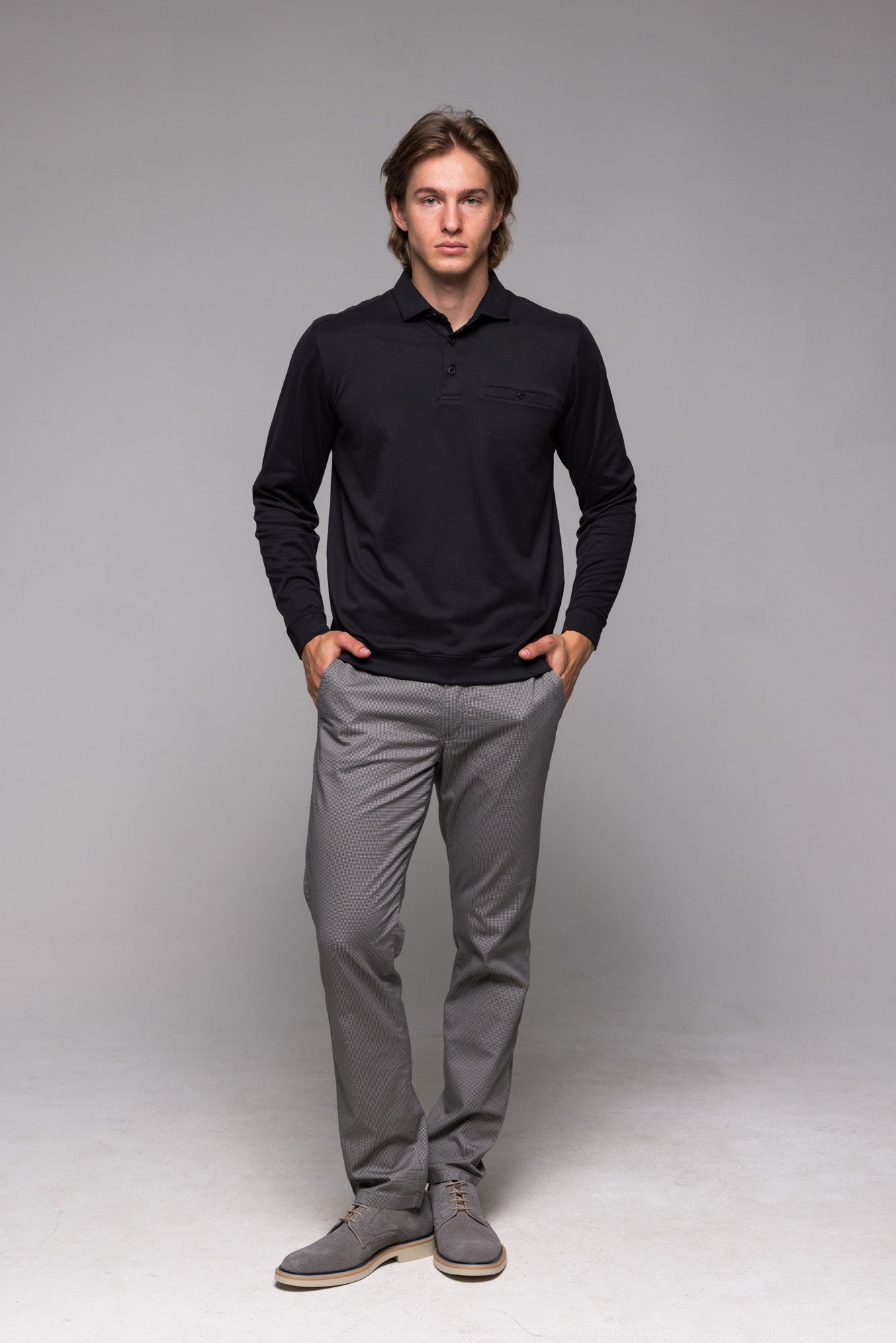 Black long-sleeved polo shirt