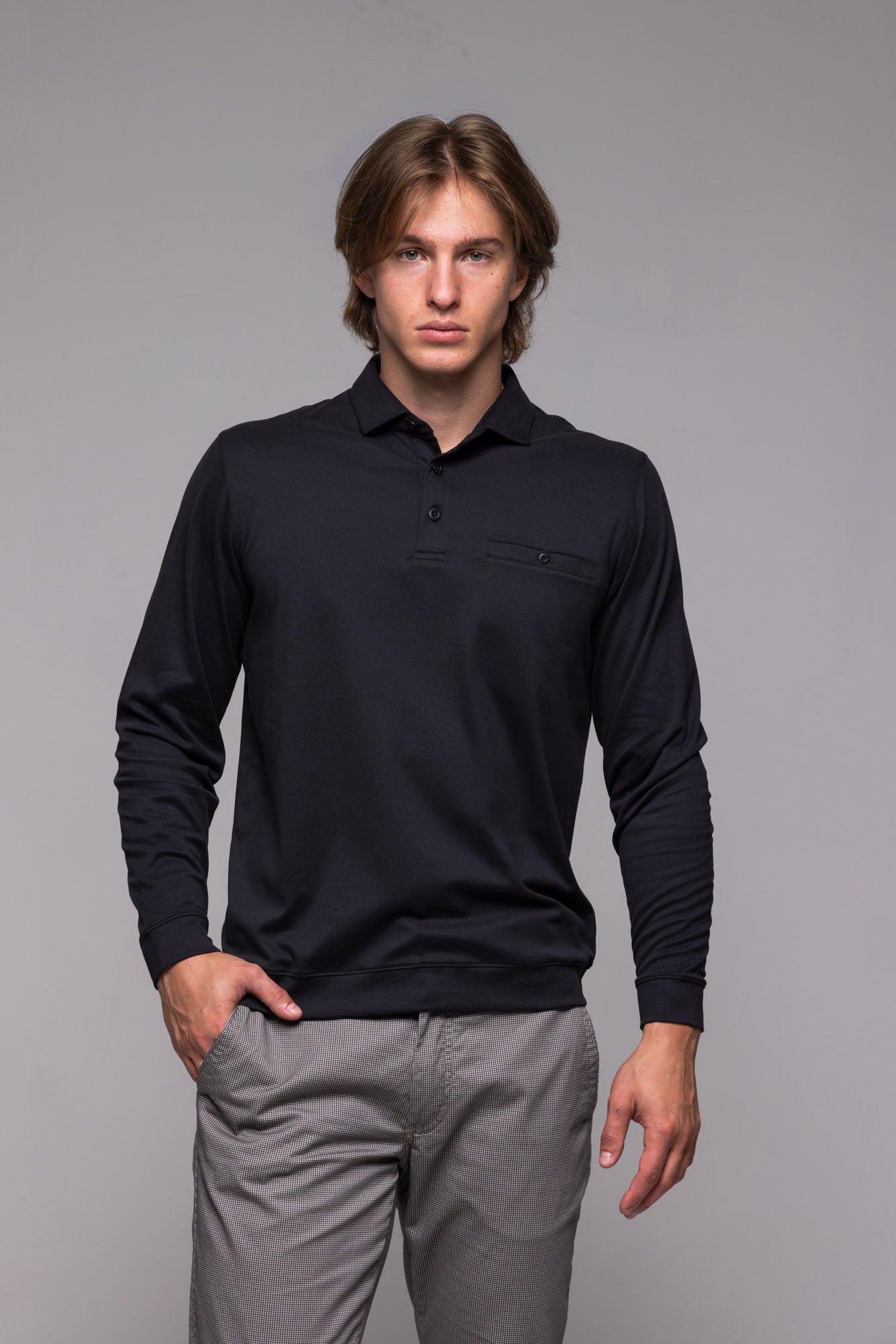Black long-sleeved polo shirt