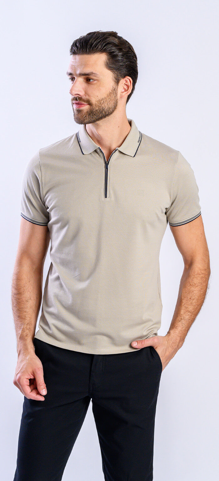 Beige polo shirt with zipper