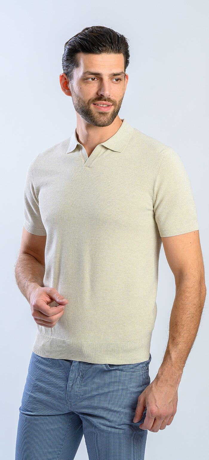 Beige knitted polo shirt without buttons