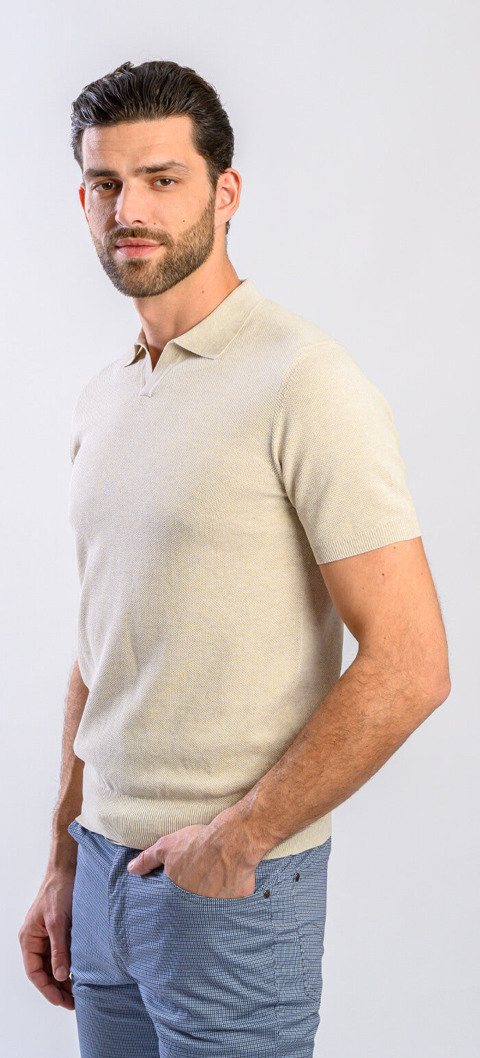 Beige knitted polo shirt without buttons