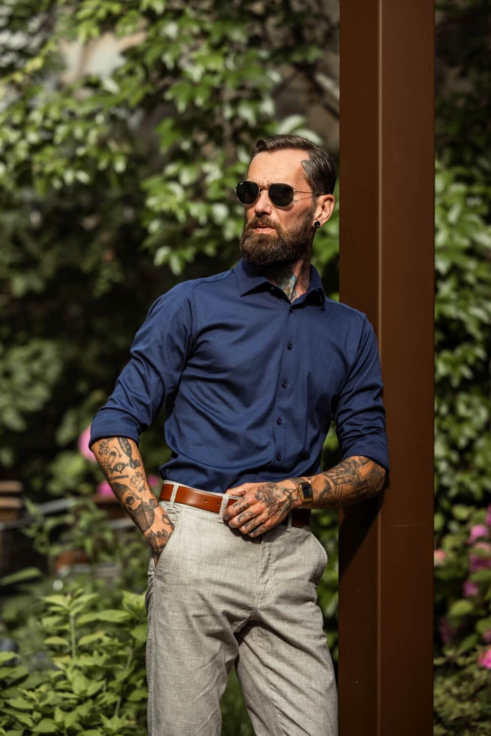 Beige checked leisure trousers