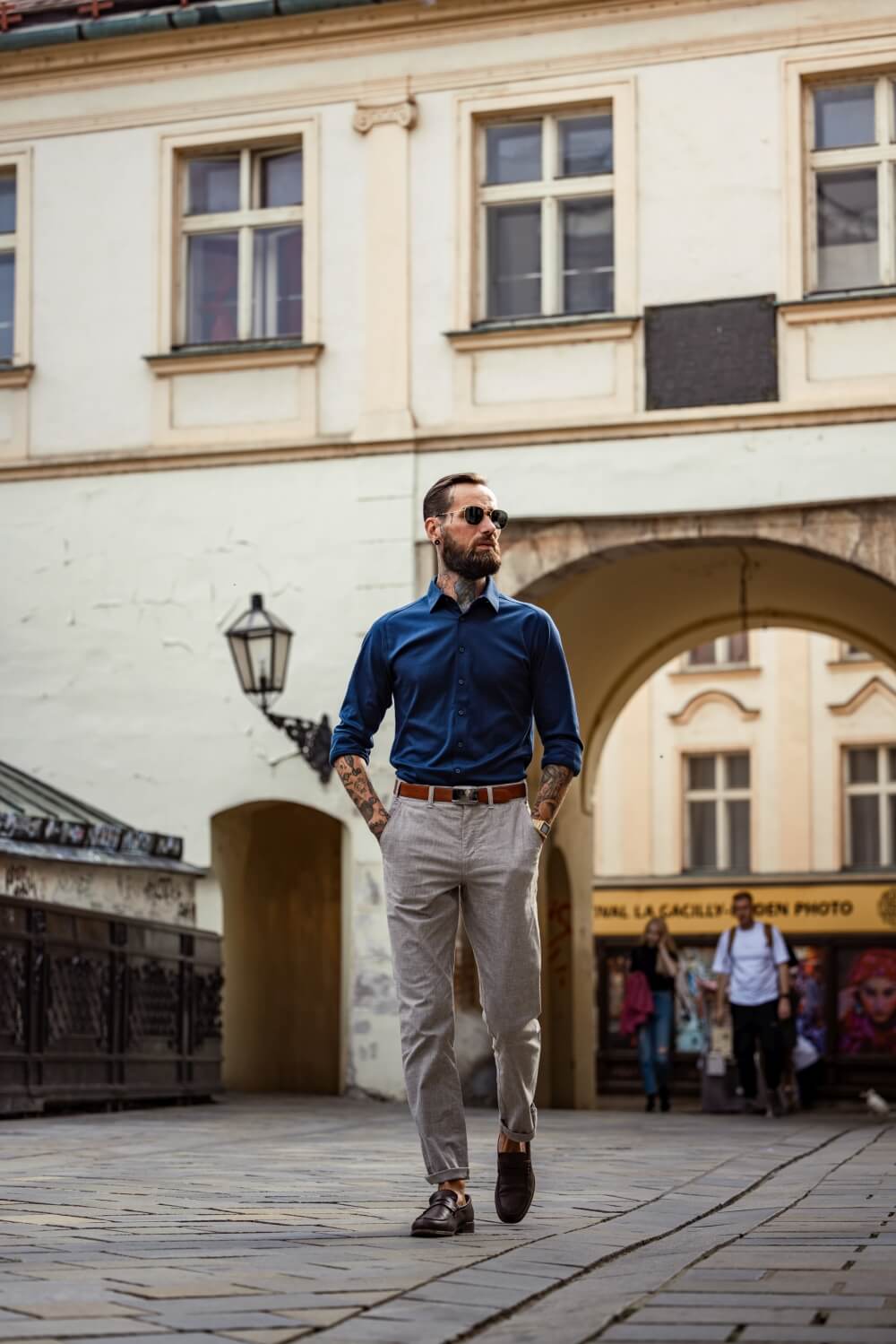 Beige checked leisure trousers