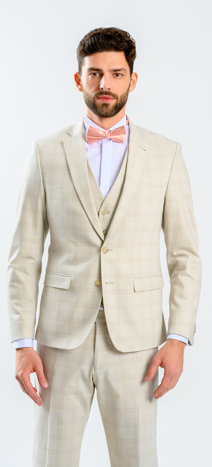 Beige Checked Wedding Slim Fit Suit with Vest