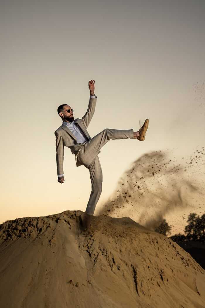 Beige Checked Wedding Slim Fit Suit with Vest
