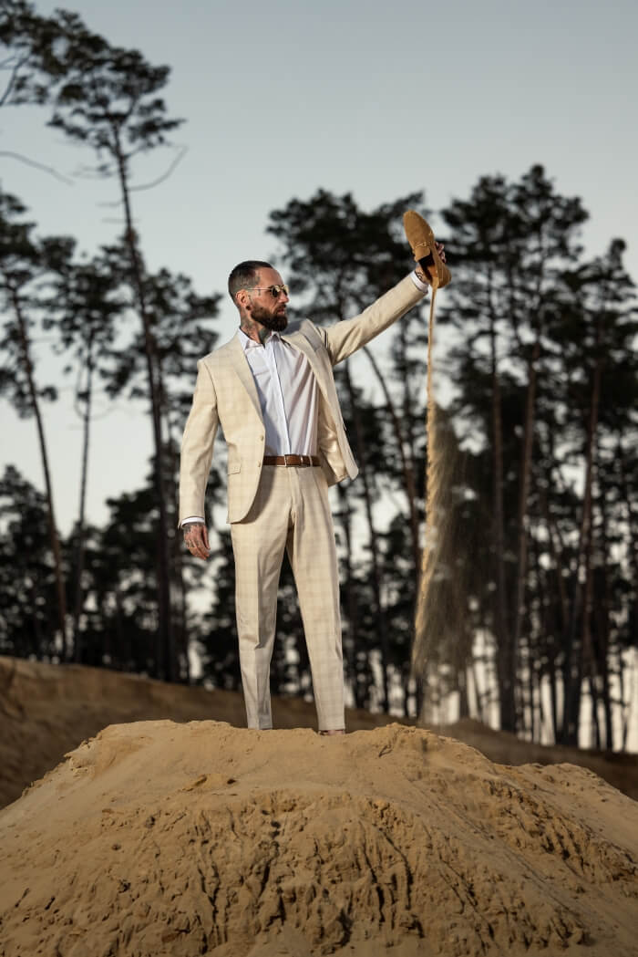 Beige Checked Wedding Slim Fit Suit with Vest