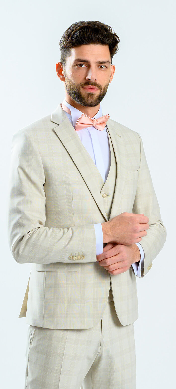 Beige Checked Wedding Slim Fit Suit with Vest