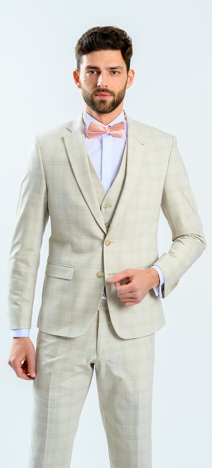 Beige Checked Wedding Slim Fit Suit with Vest