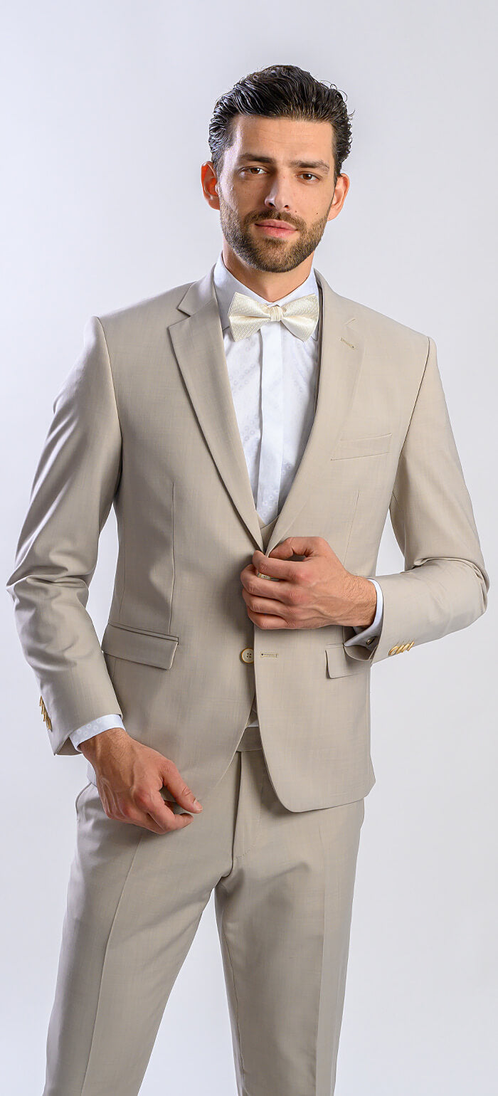 Beige wedding slim fit suit with vest