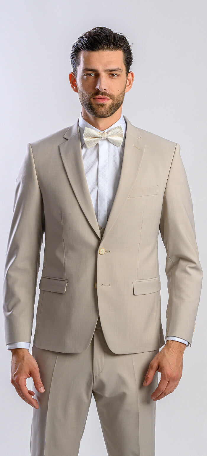 Beige wedding slim fit suit with vest
