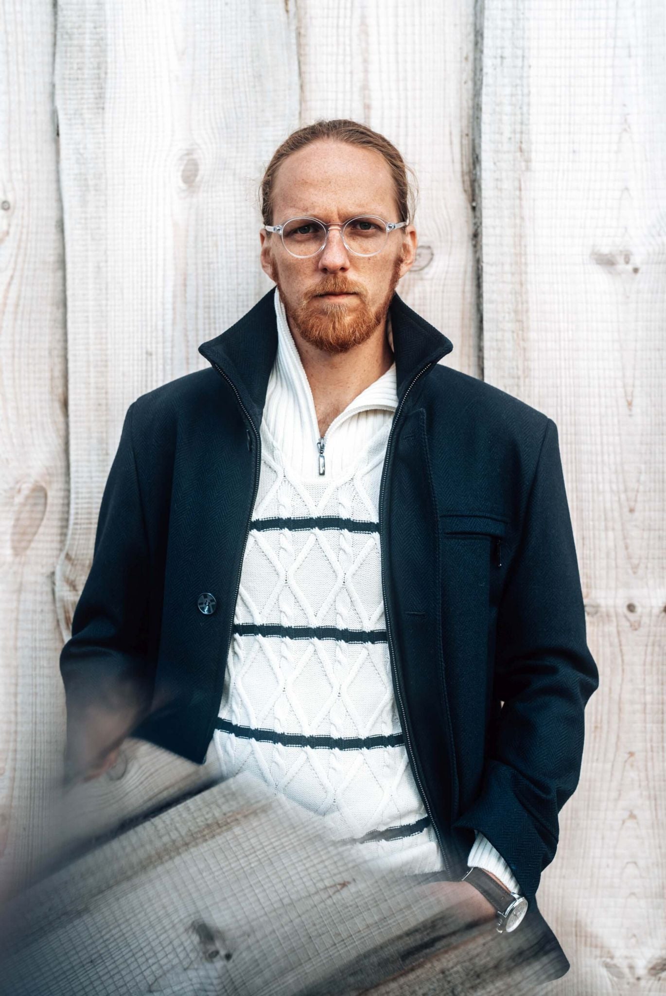 Beige wool sweater with zip at the neck