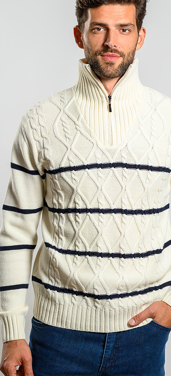 Beige wool sweater with zip at the neck