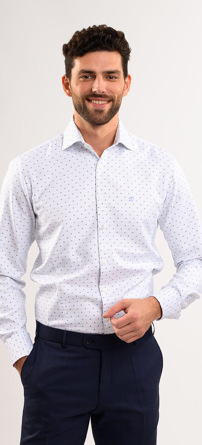 White Classic Fit Shirt with Blue Diamond Pattern