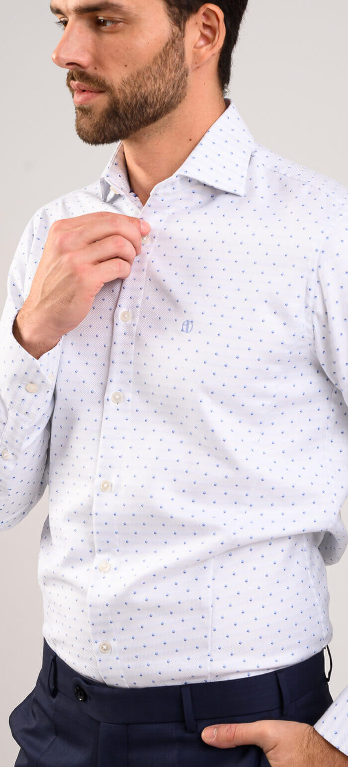 White Classic Fit Shirt with Blue Diamond Pattern