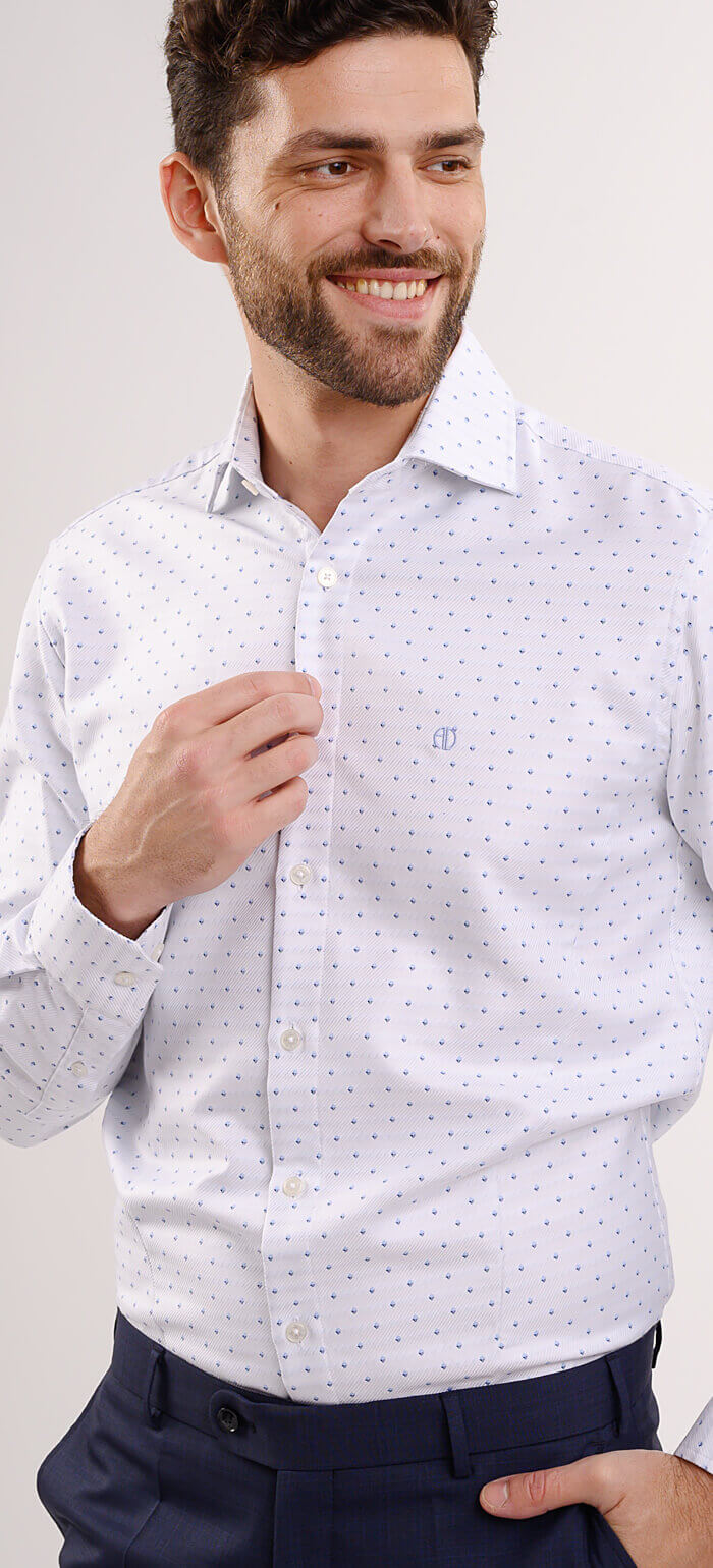 White Classic Fit Shirt with Blue Diamond Pattern
