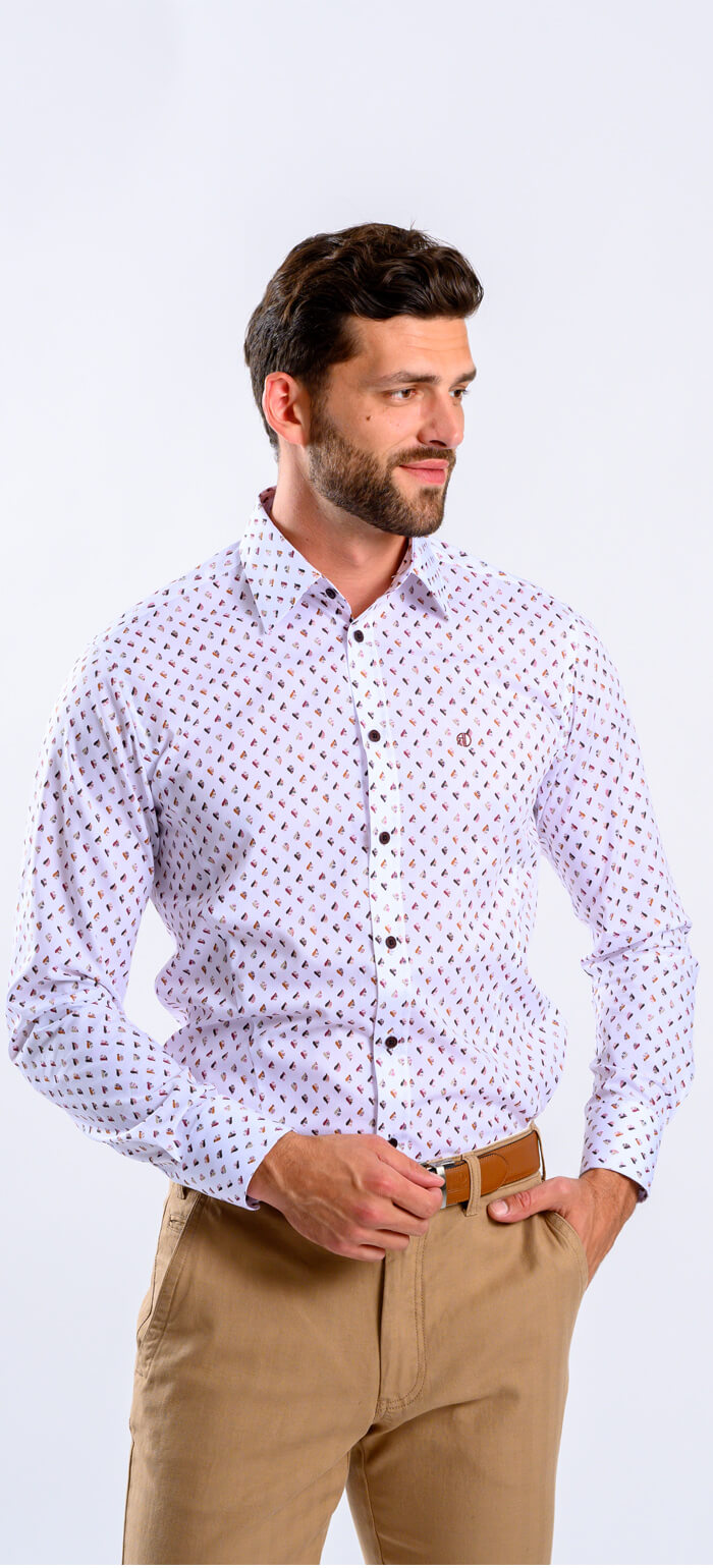 White Extra Slim Fit Shirt with Brown Pattern
