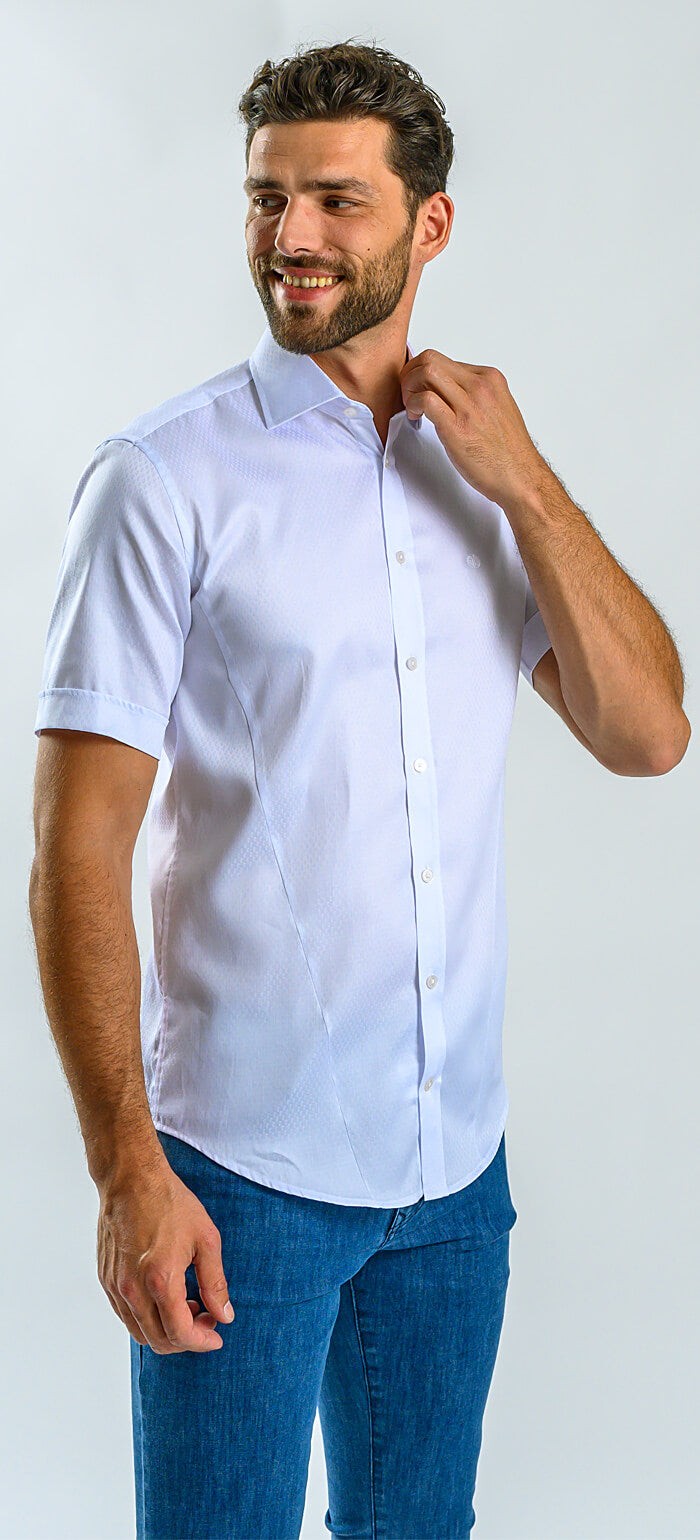 White Extra Slim Fit Short Sleeve Shirt with a Soft Tone-on-Tone Pattern