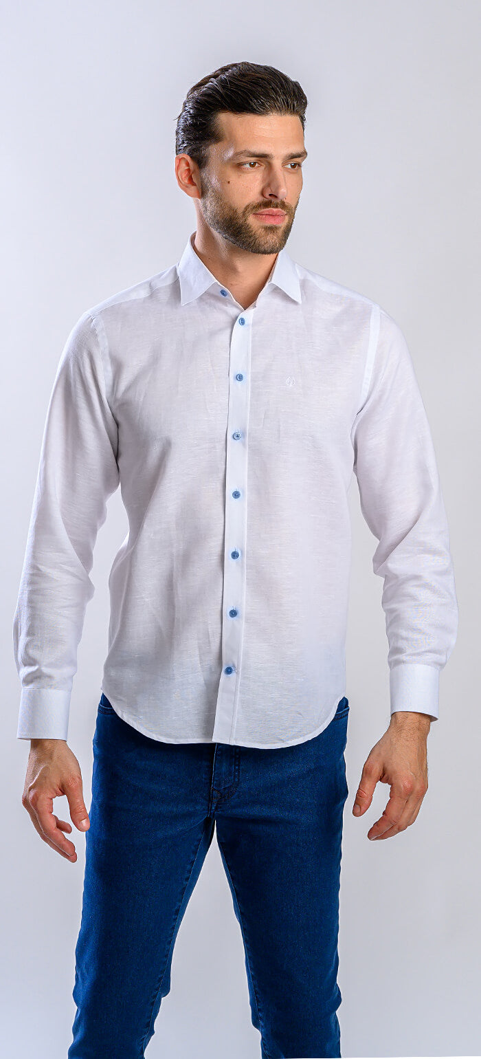 White linen Extra Slim Fit shirt with blue buttons