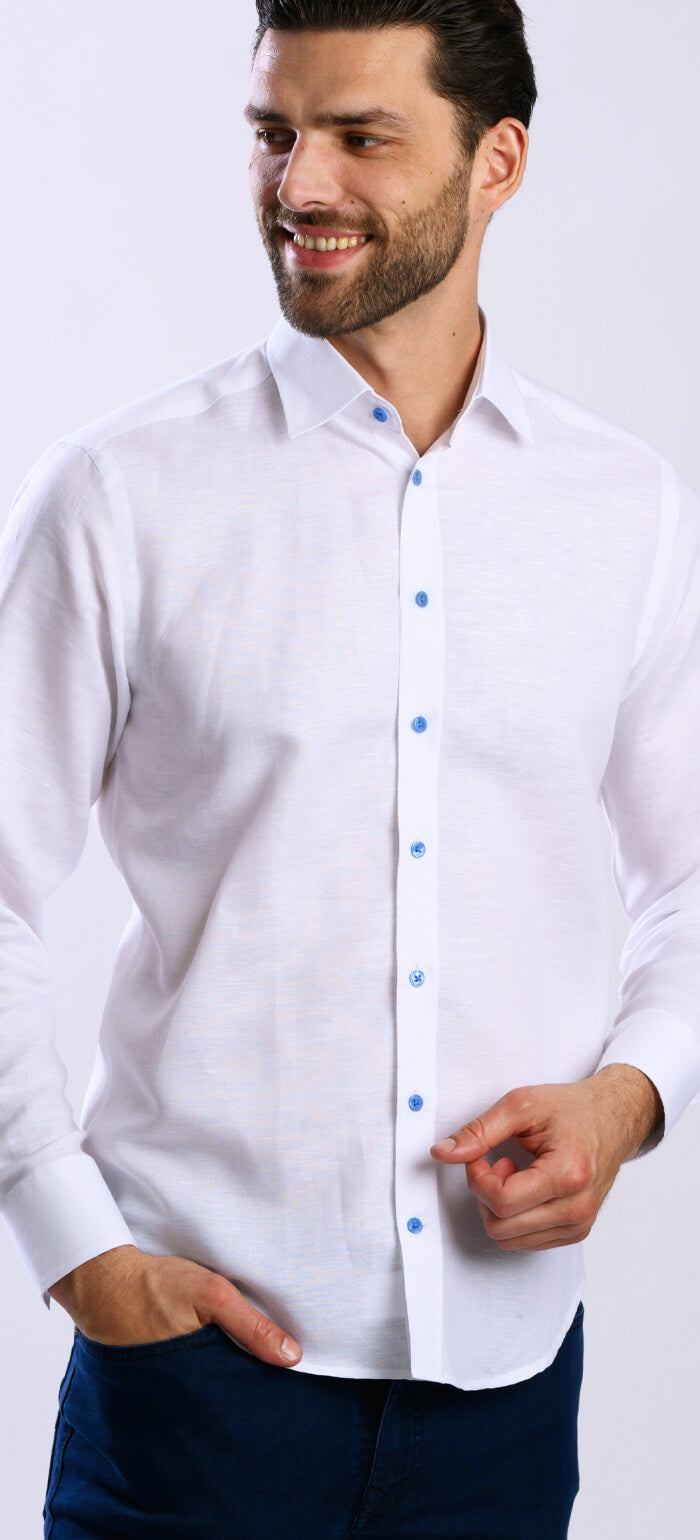 White linen Extra Slim Fit shirt with blue buttons