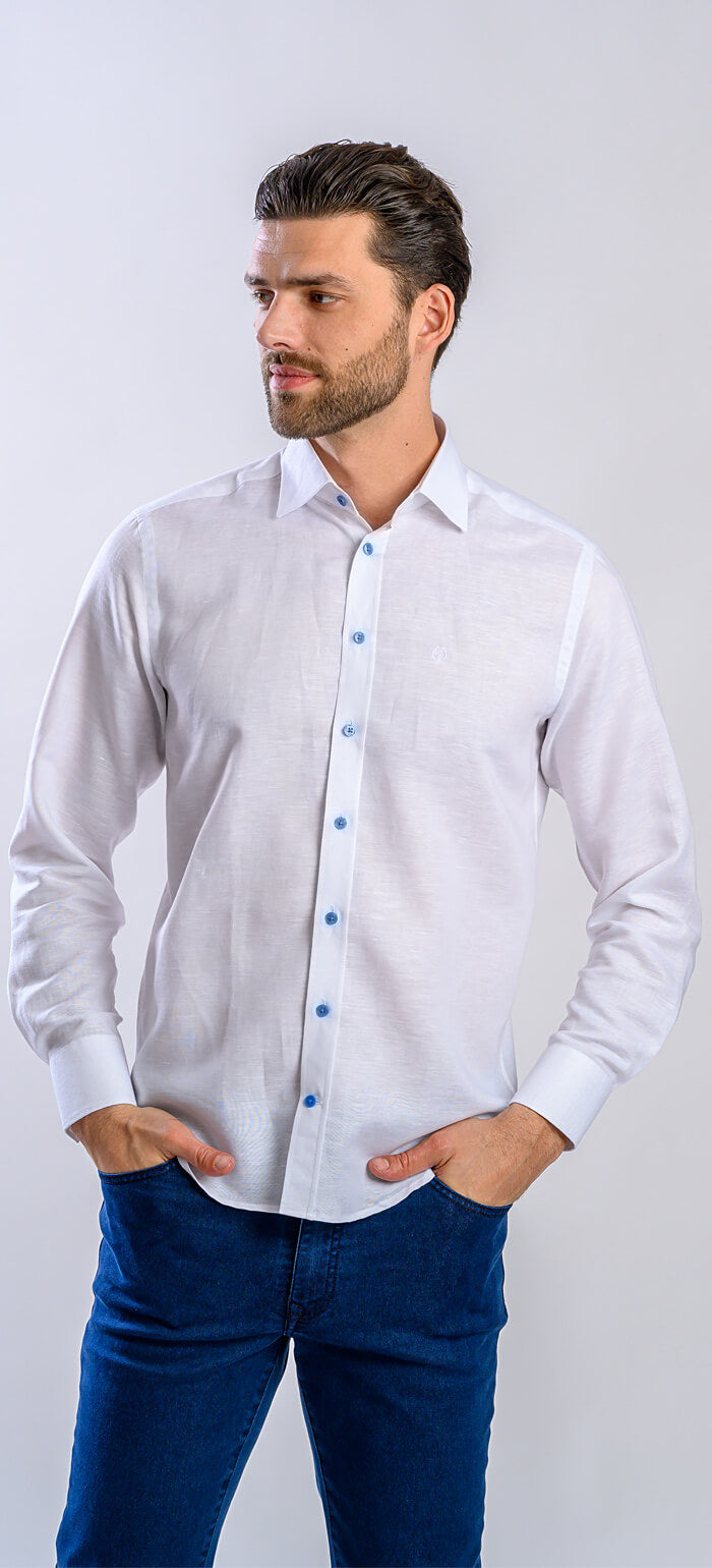 White linen Extra Slim Fit shirt with blue buttons