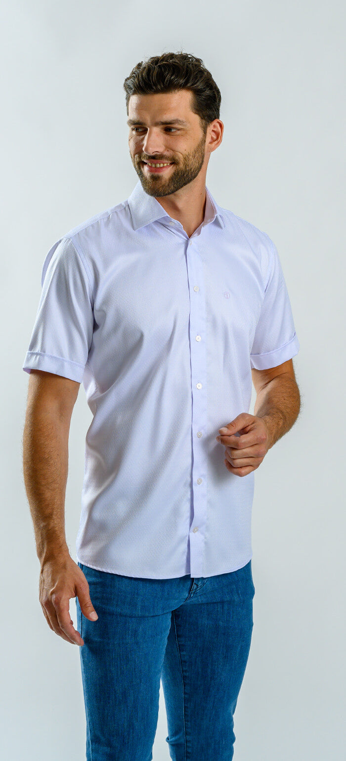 White Slim Fit Shirt with Purple Highlights and Short Sleeves