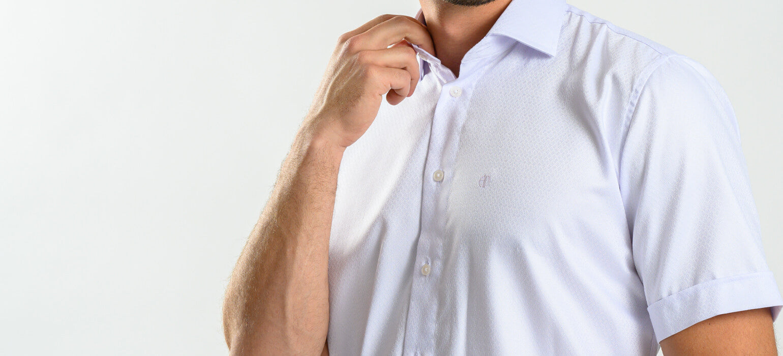 White Slim Fit Shirt with Purple Highlights and Short Sleeves